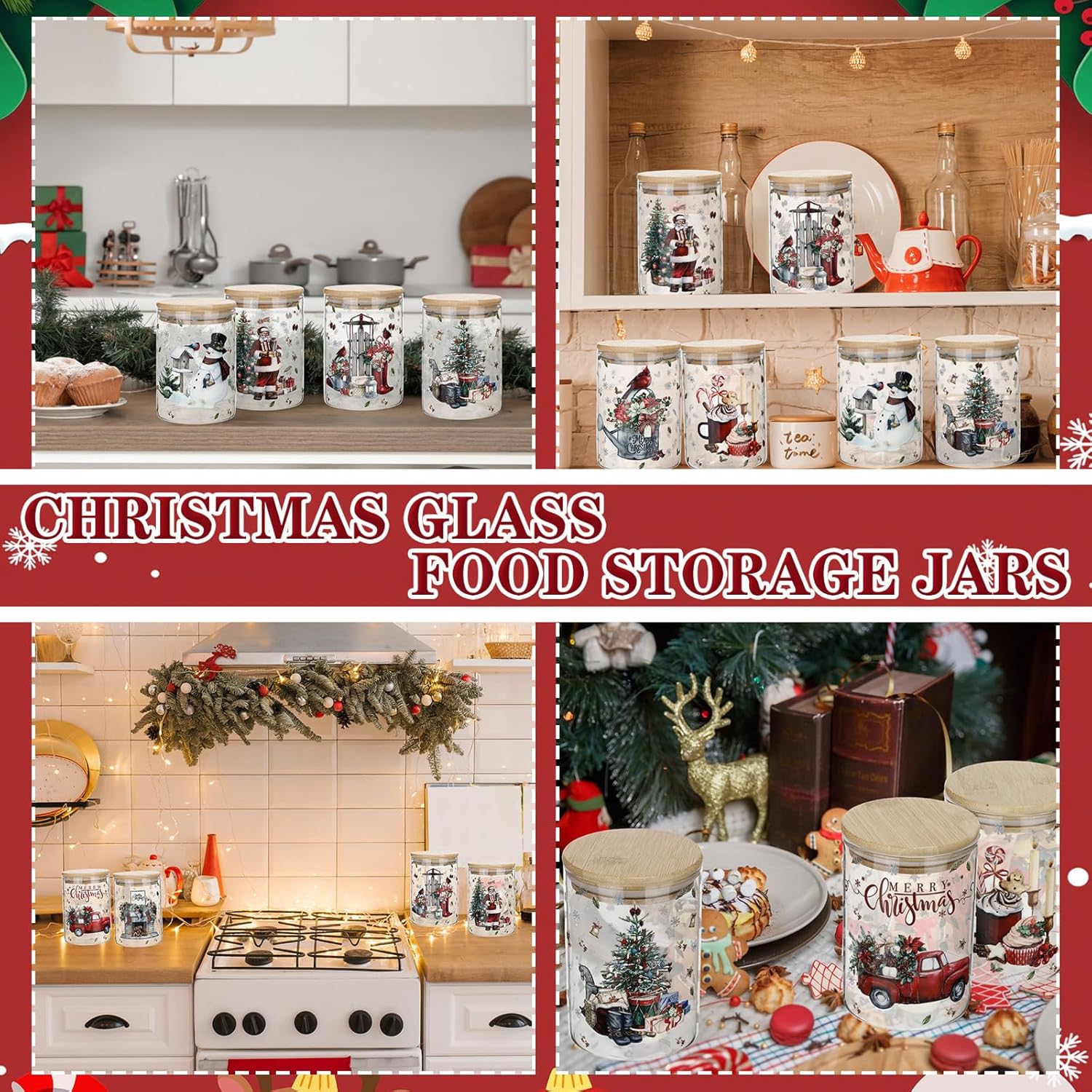 8 Pcs Christmas Glass Storage Jars 19oz Christmas Canister Set with Airtight Lid Cookie Candy Jar for Winter Xmas Snowman Santa Kitchen Countertop Food Containers, 5.1 x 3.3 Inches