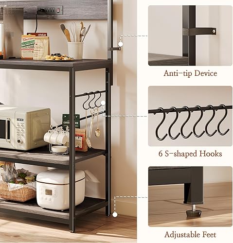 Miniatura 116 de SUPERJARE - Estante de cocina con toma de corriente de 4 niveles, soporte de microondas de cocina con 6 ganchos en forma de S, estante de Marrón