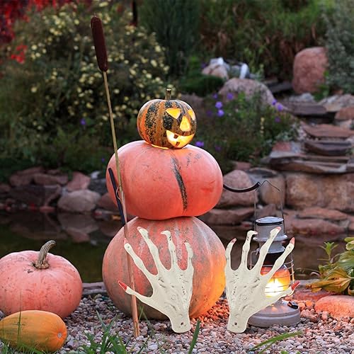 Miniatura 9 de Manos de esqueleto de bruja de Halloween, manos de esqueleto aterradoras de plástico realistas con uñas rojas, mano de bruja falsa para fiesta de