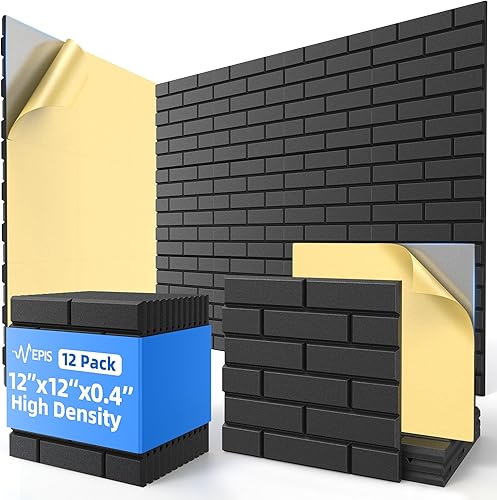 Paquete de 12 paneles acústicos con autoadhesivos, paneles de espuma de alta densidad a prueba de sonido de 12 x 12 x 0.4 pulgadas para paredes,