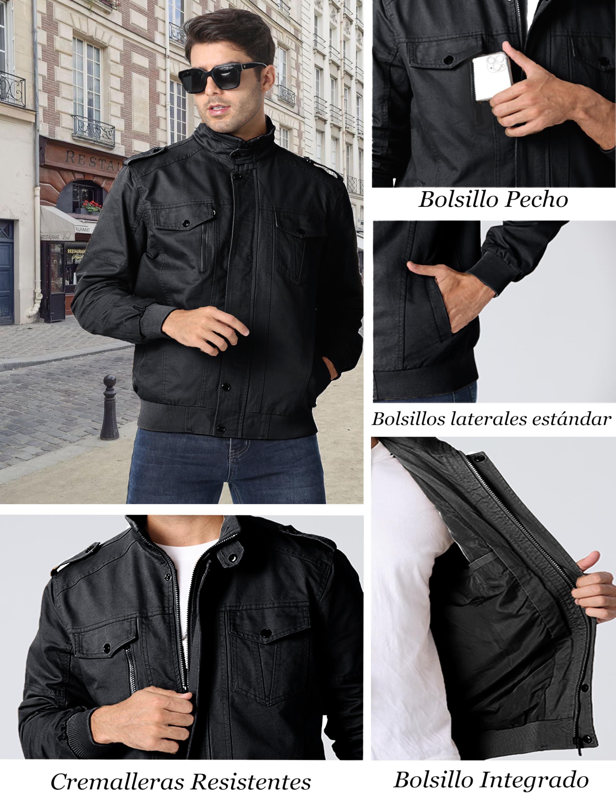 MAGCOMSEN Chaqueta de entretiempo para hombre Cargo para exterior, cortavientos, chaqueta de primavera militar, chaqueta de aviador de algodón, cuello alto, chaqueta de trabajo con múltiples bolsillos