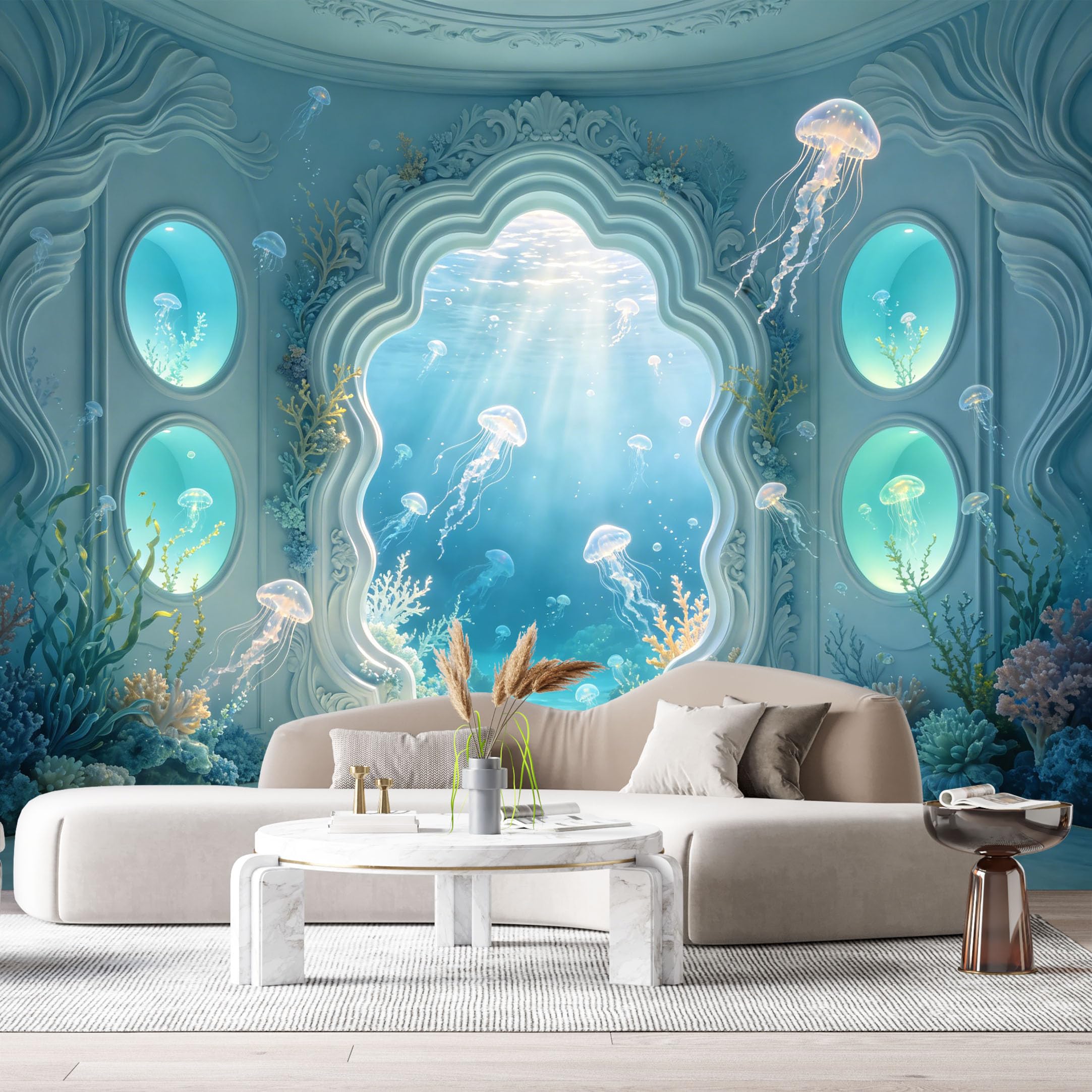 Custom Size Wall Murals Ocean Underwater Jellyfish 3D Trompe L'Oeil SelfAdhesiveWall Fabric Removable Wallpaper Wall Decor for Living Room Bedroom Bathroom