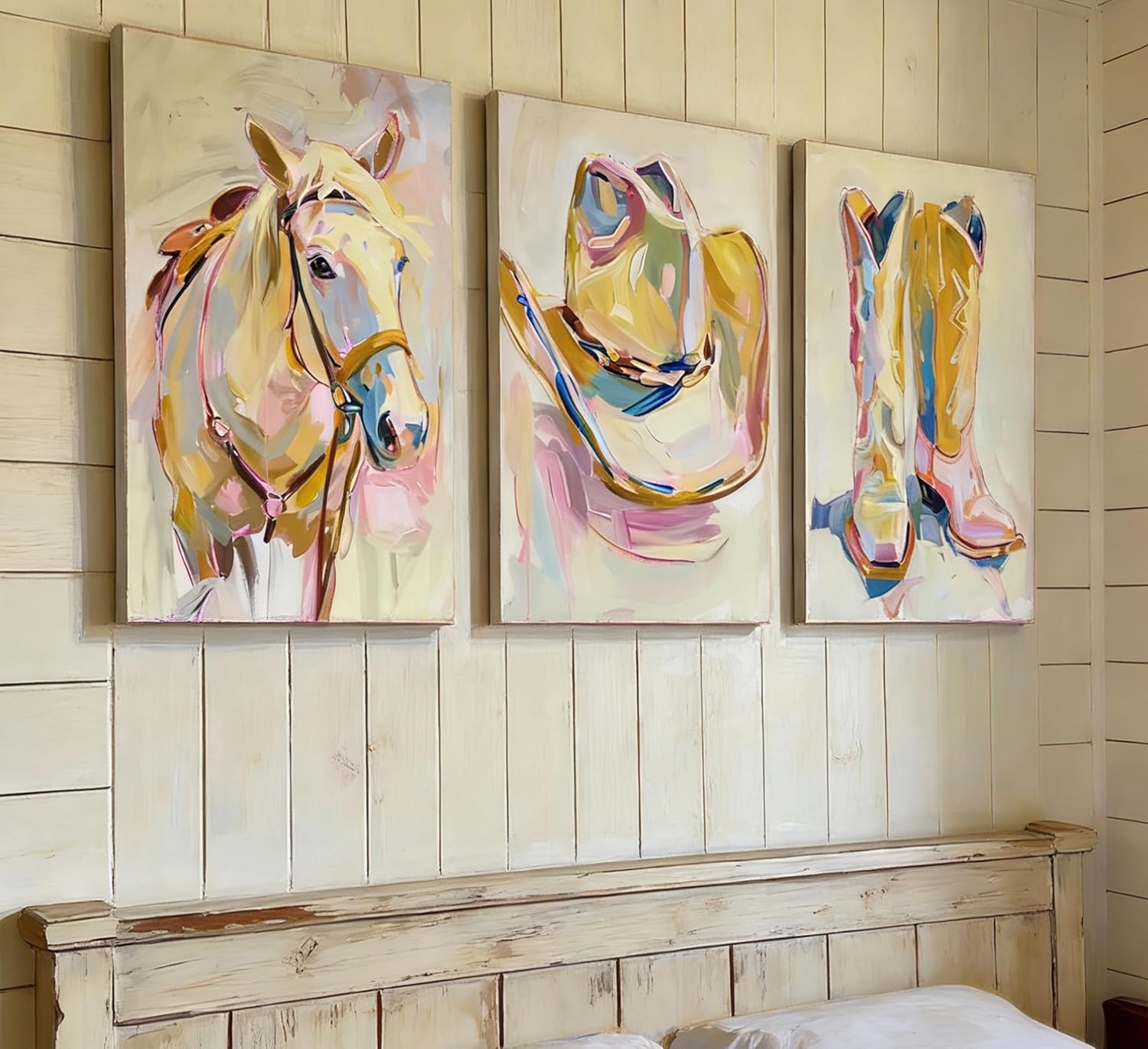 YVSRLX 3Pcs Pink Coastal Cowgirl Wall Art, Preppy Western Room Decor for Teen Girls Bedroom, Set of 3 Framed Canvas Prints Ready to Hang with Boots Hat & Horse Modern Abstract Picture