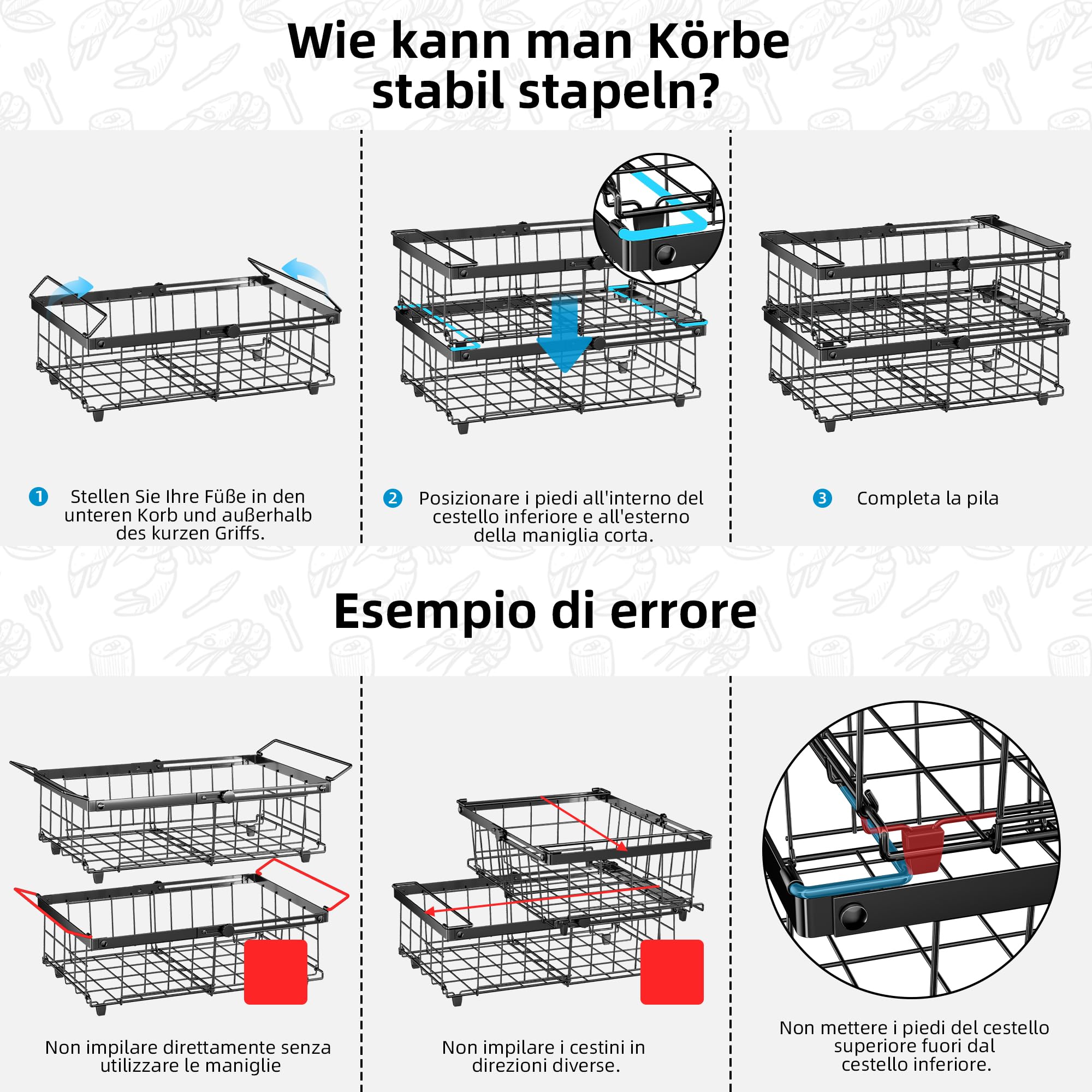 2 Pezzi organizer per congelatore,organizzare freezer pozzetto,cesto per congelatore,cesti metallo,Impilabile，Lunghezza regolabile 29-46CM，Nero