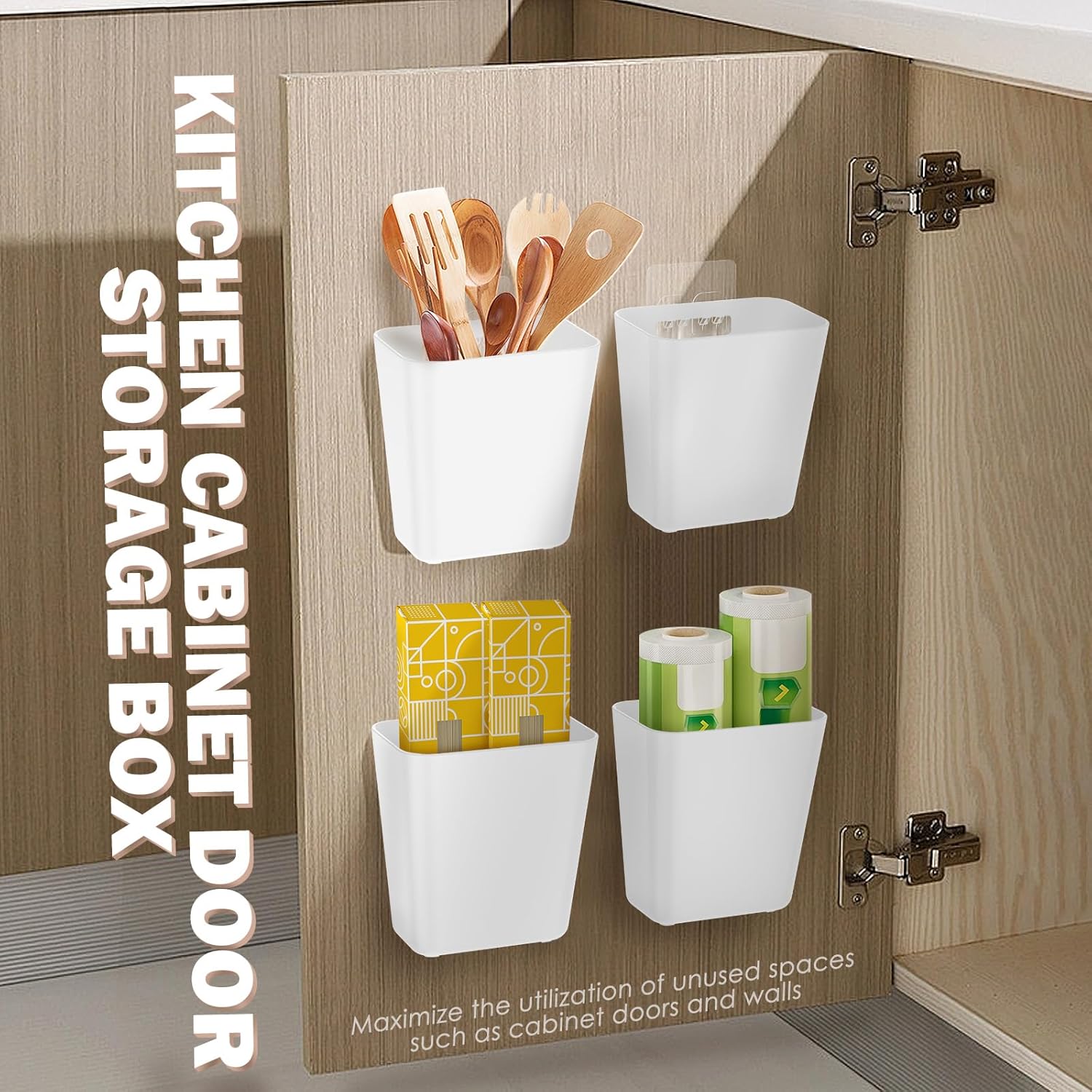 Kitchen Cabinet Door Storage Box 12PCS, Self Adhesive Wall Mounted Storage Box, Small Items Organizer for Wardrobe/Bathroom/Refrigerator, Cabinet Door Organizer