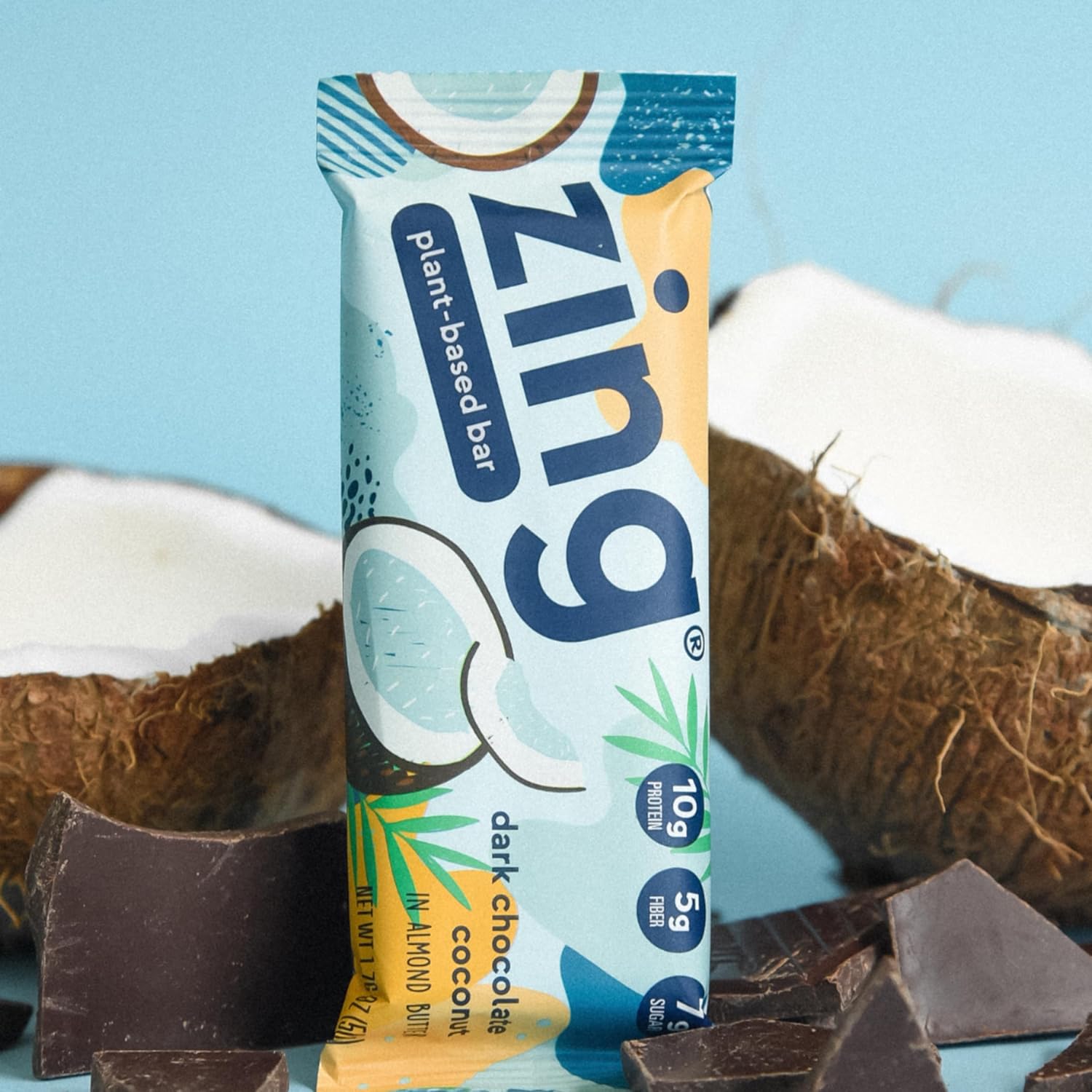 Zing Dark Chocolate Coconut Vegan Protein Bars, Gluten Free with High Protein, High Fiber, Dairy Free Nutrition Bars, Plant Based Protein, Kosher, Low Sugar, No Sugar Alcohols - 12 count