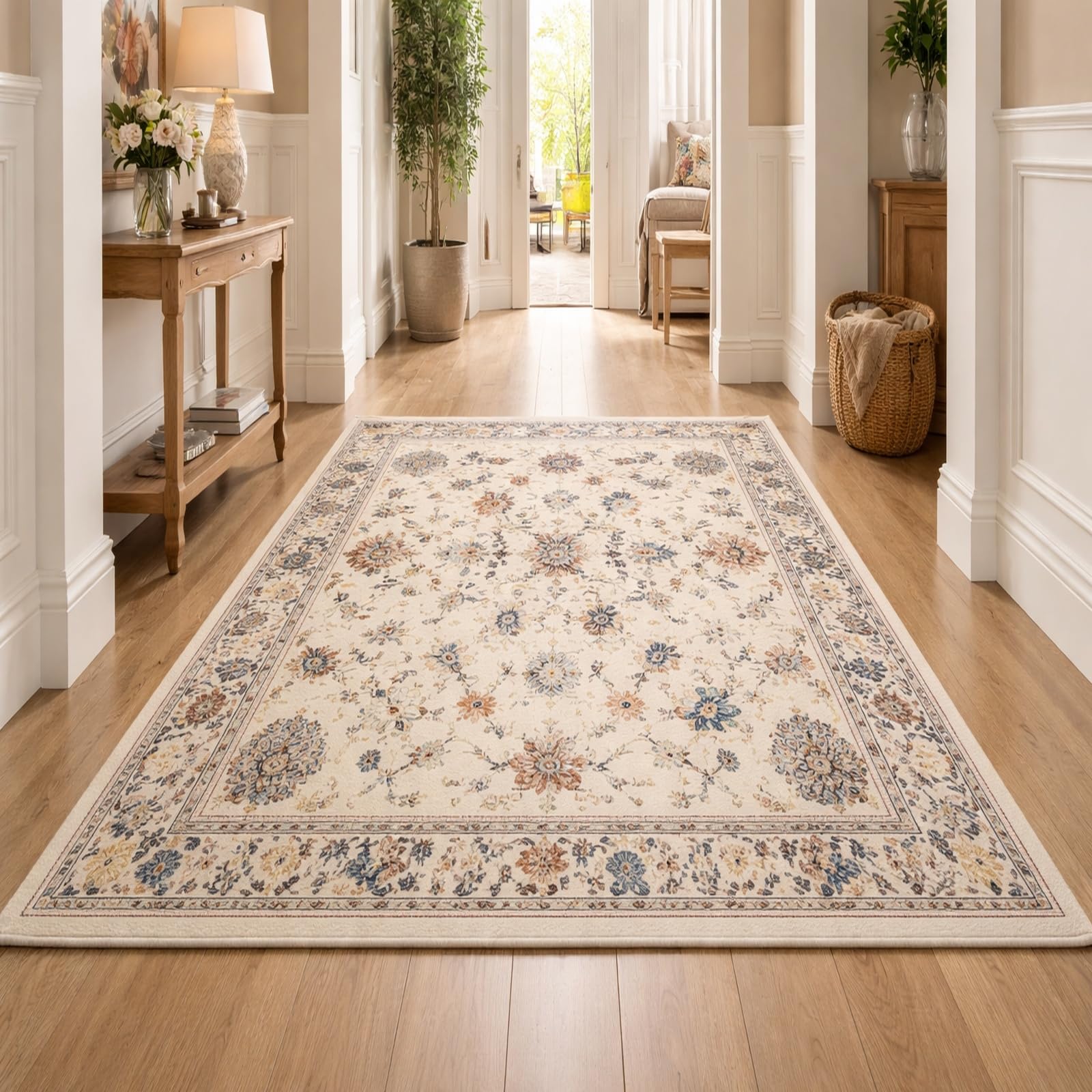 Tapis salle a manger vintage floral bleu et jaune pour grand salon chic