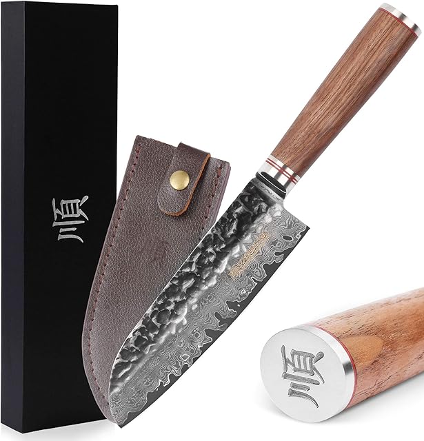 YOUSUNLONG Santoku 7 inch Pro Chef's Knives Japanese VG10 Hammered Damascus Steel Natural Walnut Wooden Handle with Leather Sheath