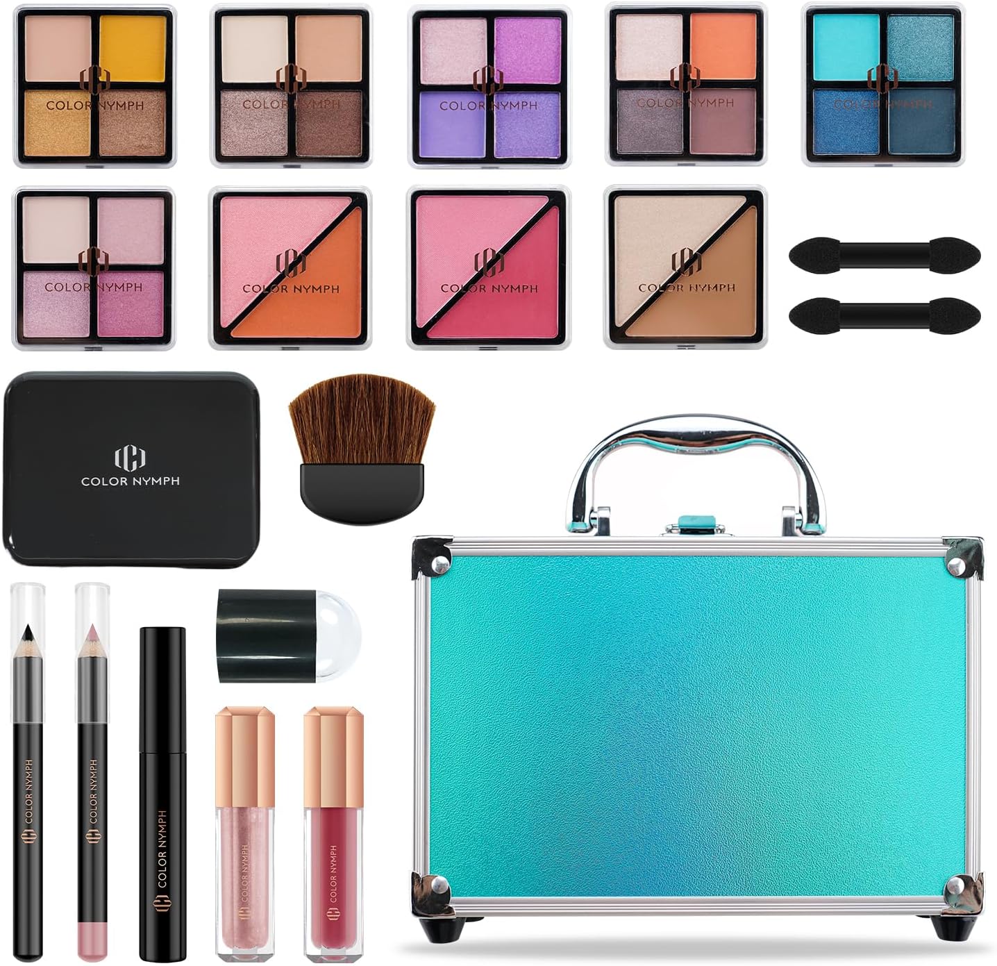 Color Nymph Beginner Makeup Kits For Teens With Train Case Included Full Makeup Kit Eyeshadow Palette Blushes Bronzer Highlighter Lipstick Brushes Mirror (Green)