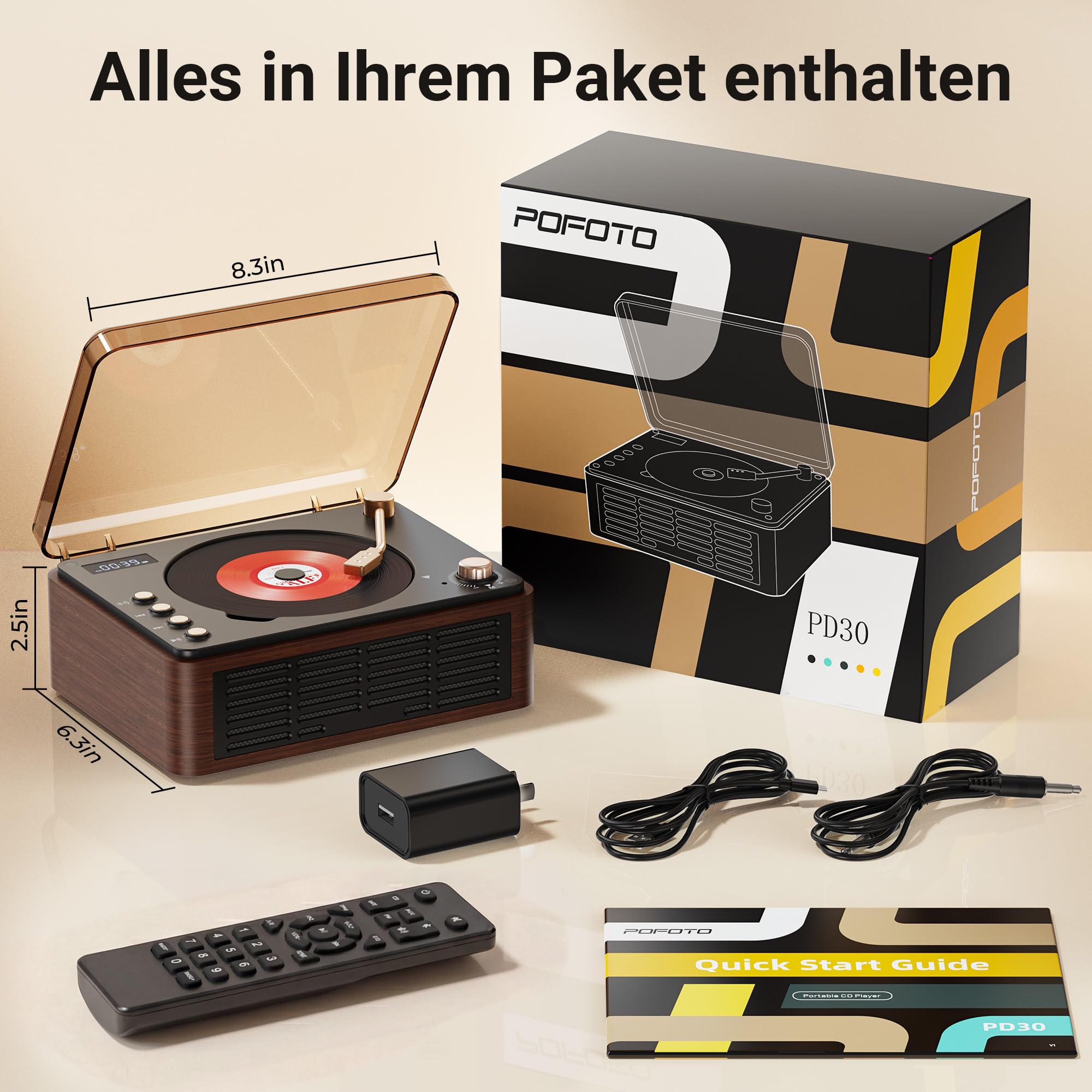 POFOTO Tragbarer CD-Player mit Bluetooth 5.3, Langer Akku, Bluetooth-Lautsprecher, LCD-Display, unterstützt Radio/USB/AUX, Vintage Desktop CD Spieler mit Lautsprecher – für Zuhause/Geschenk
