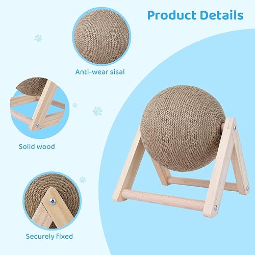 Miniatura 3 de BATTIPAW Rascador de gato, bola rascador de conejo, rascador de sisal natural, bola giratoria para gatos, juguete rascador de madera maciza para