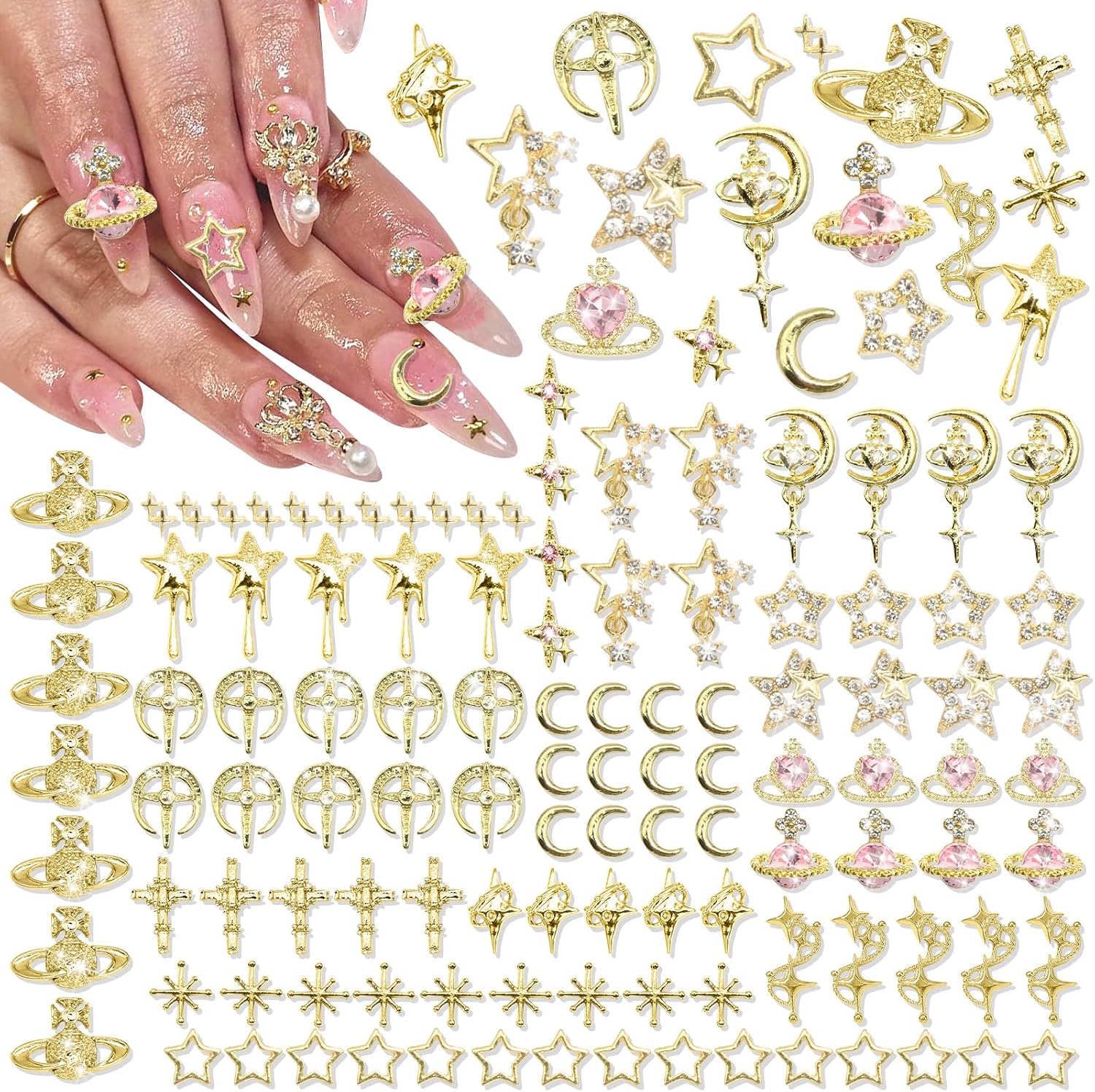 RODAKY 128PCS Silver Nail Charms Cross Star Charms for Nails 3D Saturn Planet Nail Jewelry Pink Nail Rhinestone Gems Mixed Style Y2K Nail Decoration Manicure Design Nail Accessories