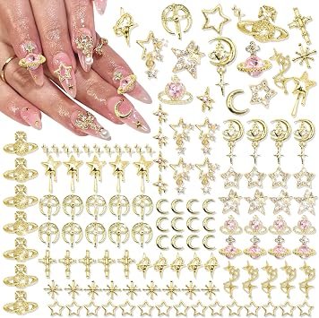 RODAKY 128PCS Gold Star Cross Nail Charms Pink Saturn Planet Nail Art Charms Rhinestone Y2K Nail Gems Jewels Accessories for Manicure Craft DIY
