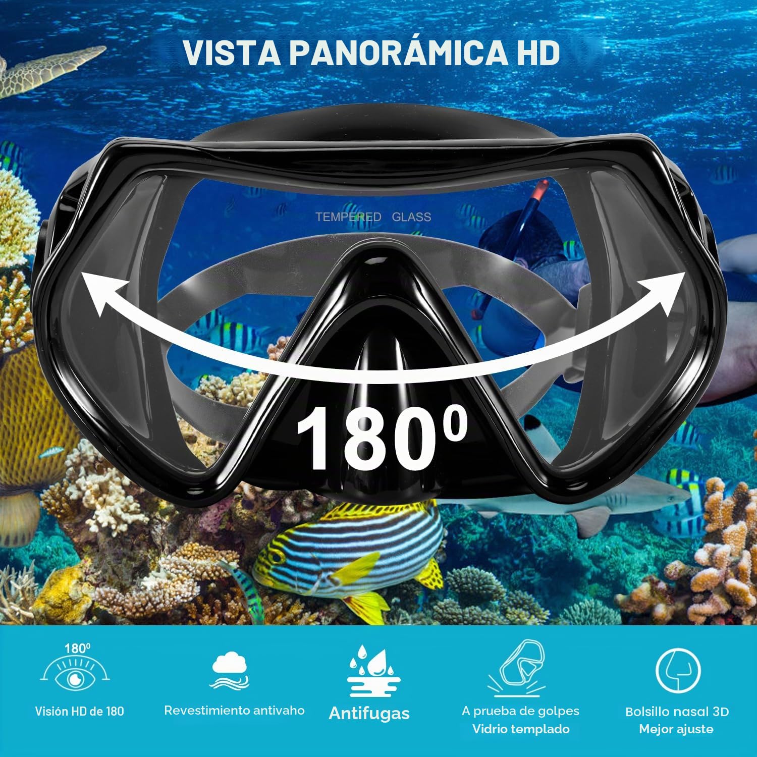 APLOS Juego de esnórquel para Adultos, con Gafas de Buceo y esnórquel seco, antivaho, antifugas, máscara de esnórquel de Cristal Templado, para esnórquel, natación y Buceo