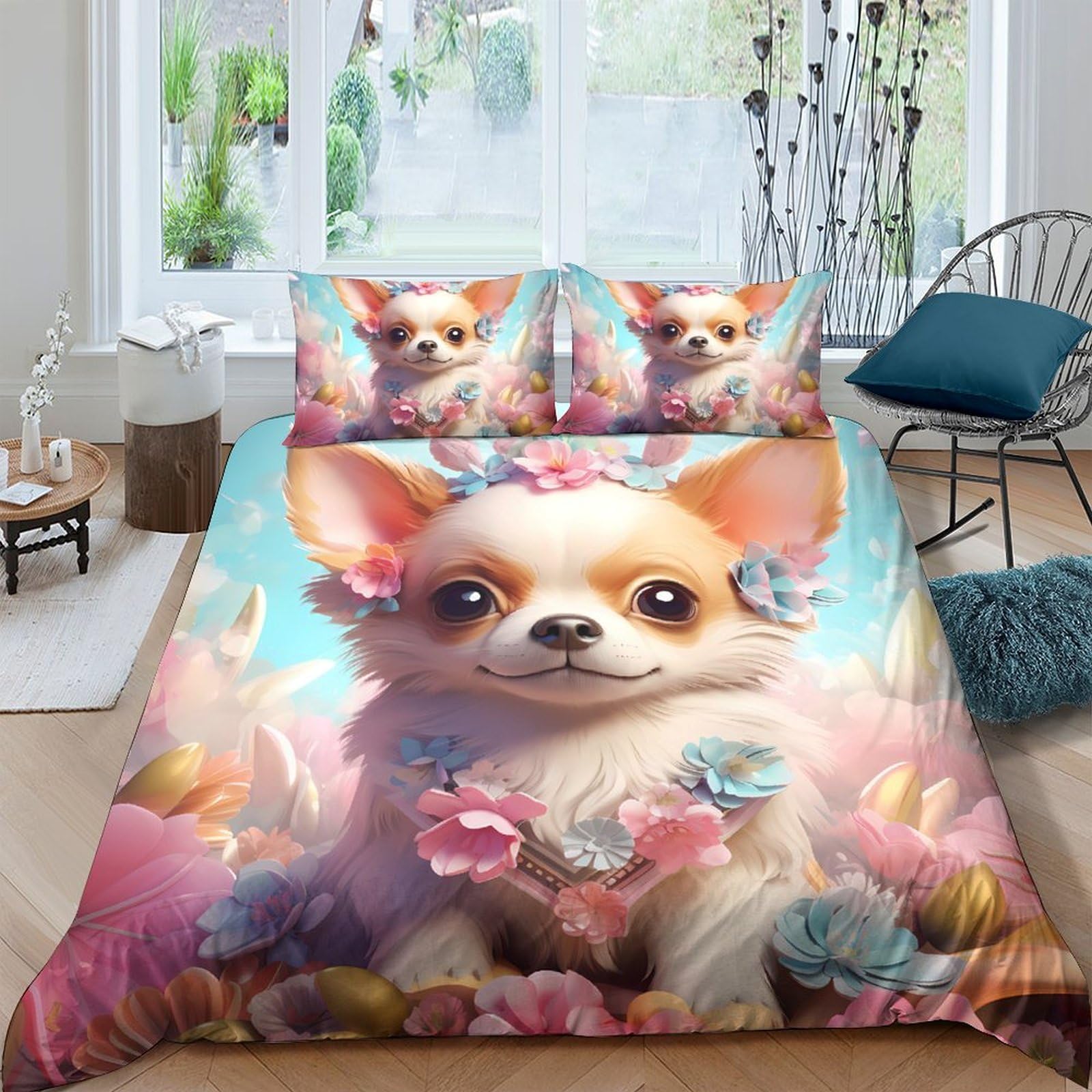 Ctjqhvkz Style-1 3D Printed Cute Chihuahua Fitted Sheet Microfiber Soft Floral Dog Mattress Cover For Bedroom Dorm Decor Protection Single（135X200cm）