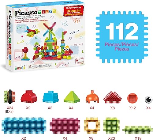 Vista 3 de Picasso Toys112 bloques de erizo STEM, juego de baldosas de construcción, juguete de aprendizaje apilable, bloque de enclavamiento, creatividad más