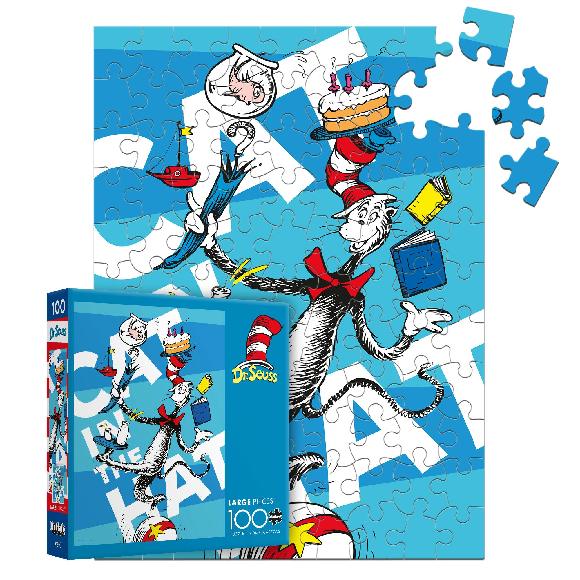 Buffalo Games - Cat in the Hat - 100 Piece Jigsaw Puzzle for Kids Ages 6+ | Officially Licensed, Made in USA, Recycled Board, Finished Size 15 x 11, Includes Poster, kids' favorite characters, Giftabe
