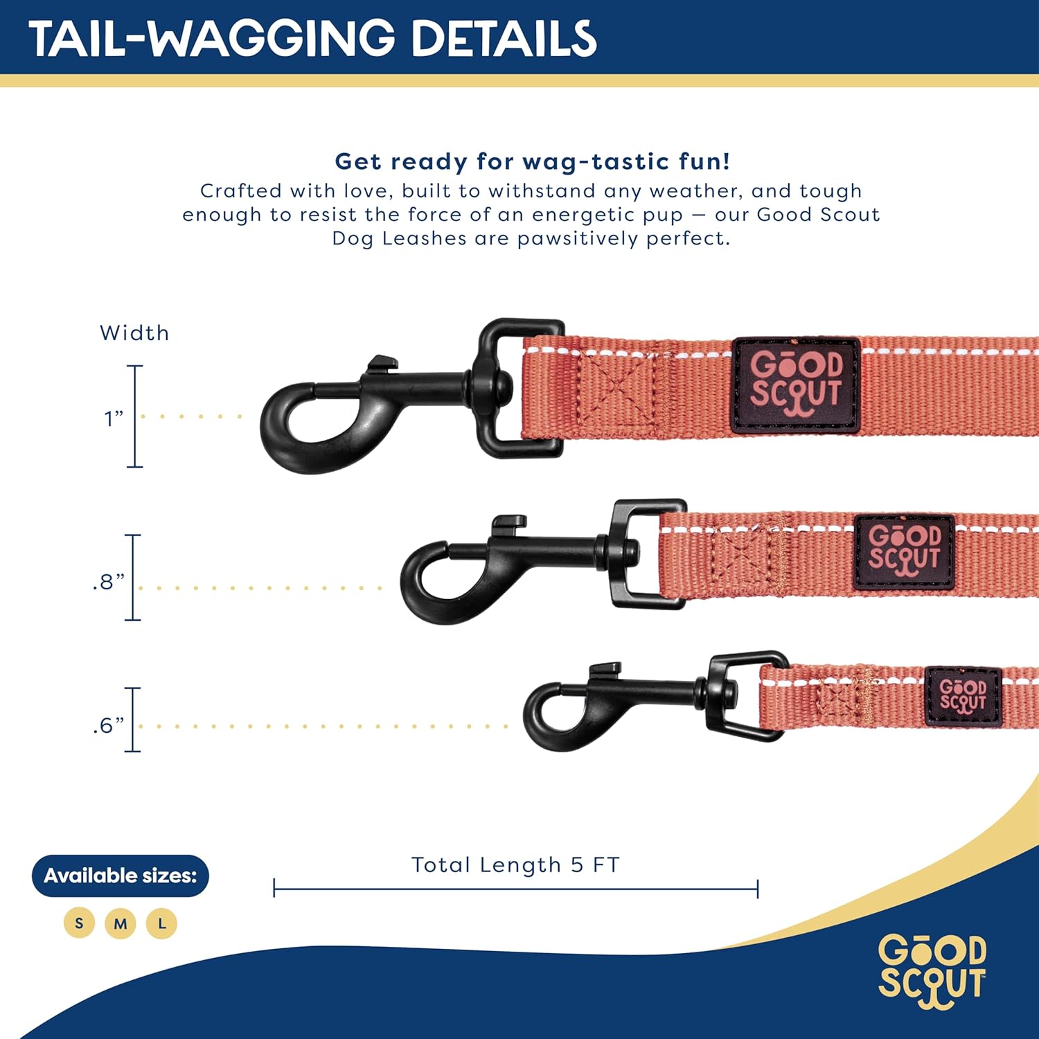 Good Scout 5' Heavy Duty Bungee Leash for Large Dogs, Durable Walking & Training Leash for Puppies & Adult Dogs, D-Ring for Waste Bag Storage, Brick