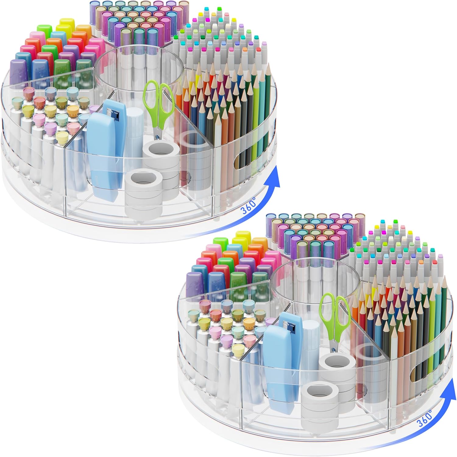 2 packs pen organizer for desk - acrylic pen holder with hand grips, 360° extra large rotating desk organizer with 7 removable compartments for office, home, and makeup storage