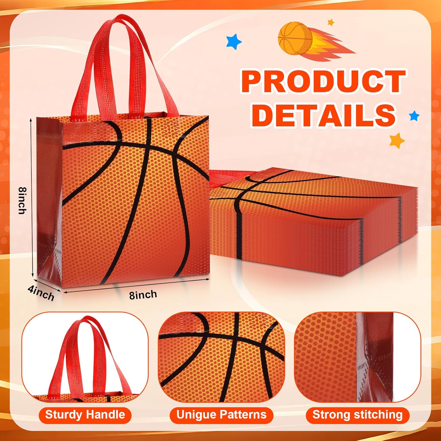 Yeyeplum 24 Pcs Basketball Gift Bags Bulk for Team Sport Theme Party Favor Bags with Handles 8 x 8 Inches 4 Style Non Woven Reusable Goodie Snack Toy Packing for Sports Birthday Party Decor - Image 3