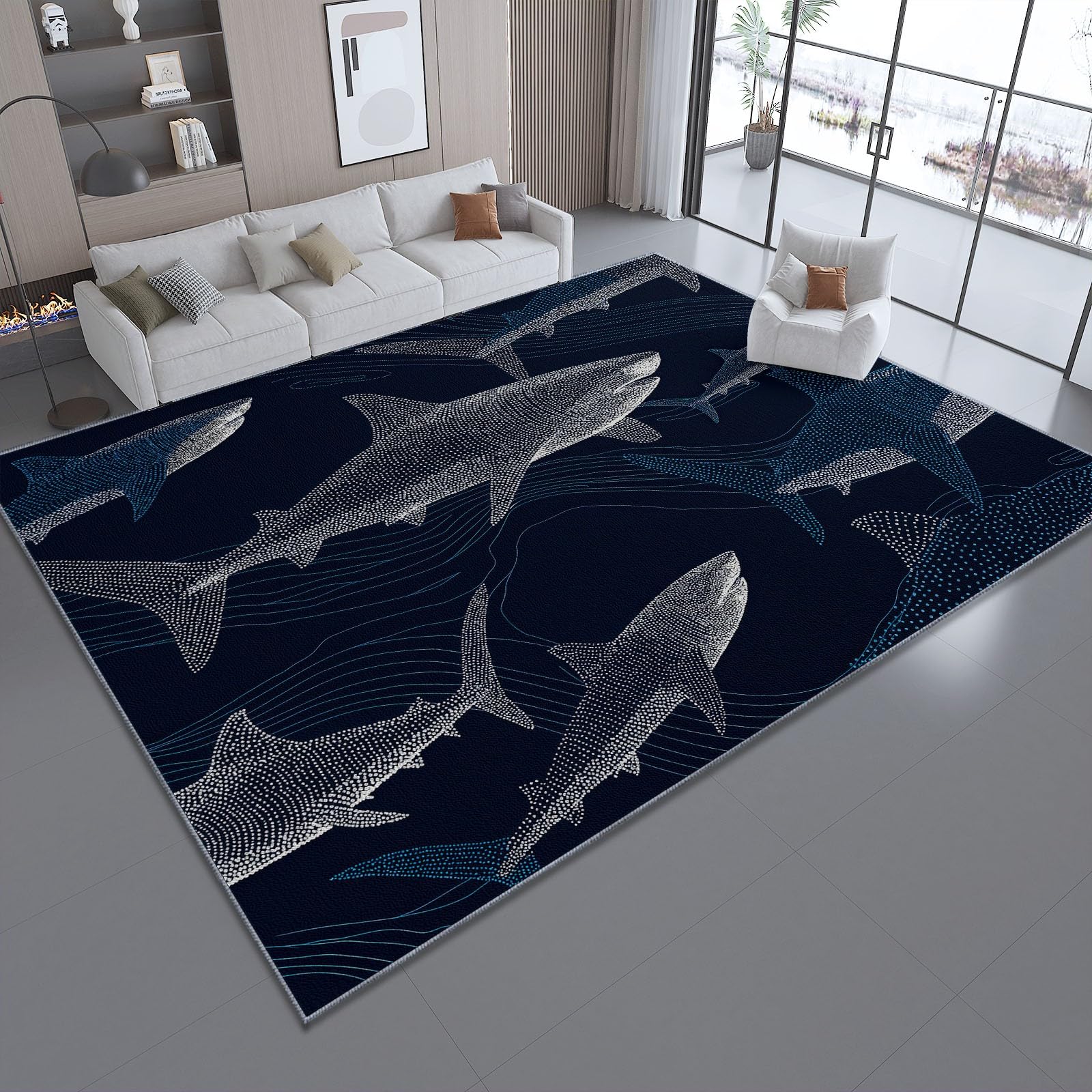 Generisch Dunkelblau Teppich Wohnzimmer 160 x 230 cm, Waschbare Teppiche Minimalismus Digitale Kunst Fische Design Teppich mit Rutschfester Rückseite für Eingang, Flur und Korridor, Büro