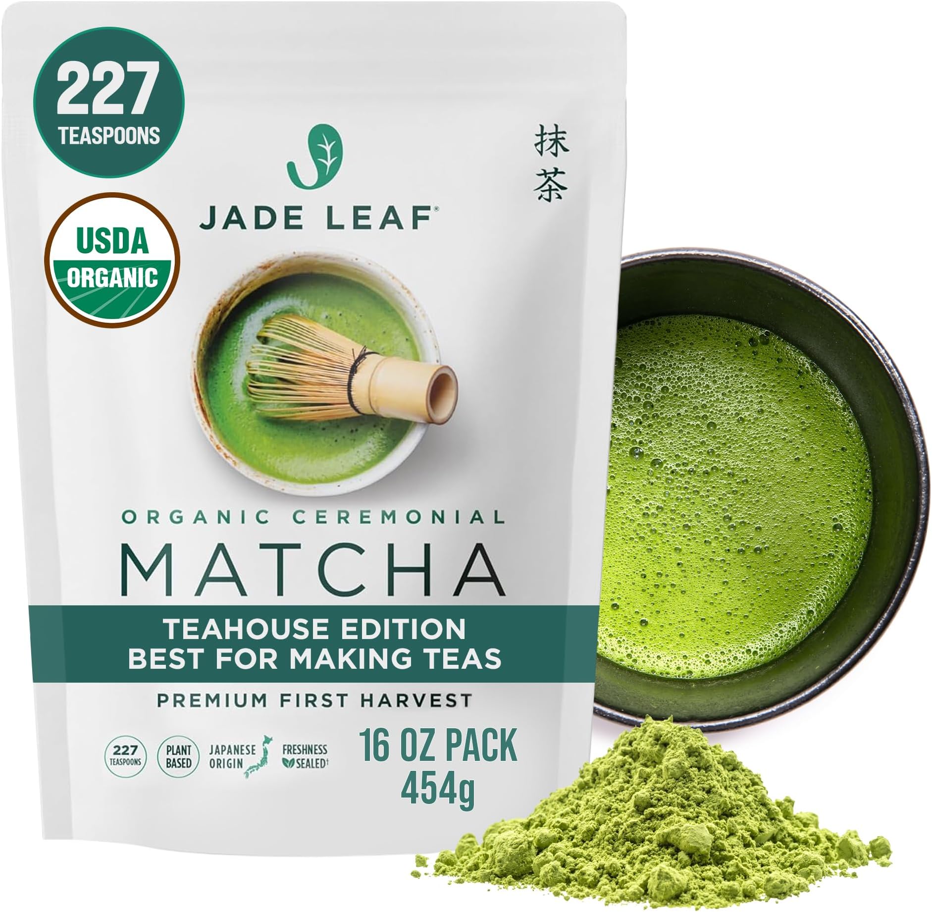 Jade Leaf Matcha Organic Ceremonial Grade Matcha Green Tea Powder - 100% Pure Japanese First Harvest Green Tea for Ceremonies, Usucha, Lattes 454g / 16 Ounce Bulk Pouch (Pack of 1)