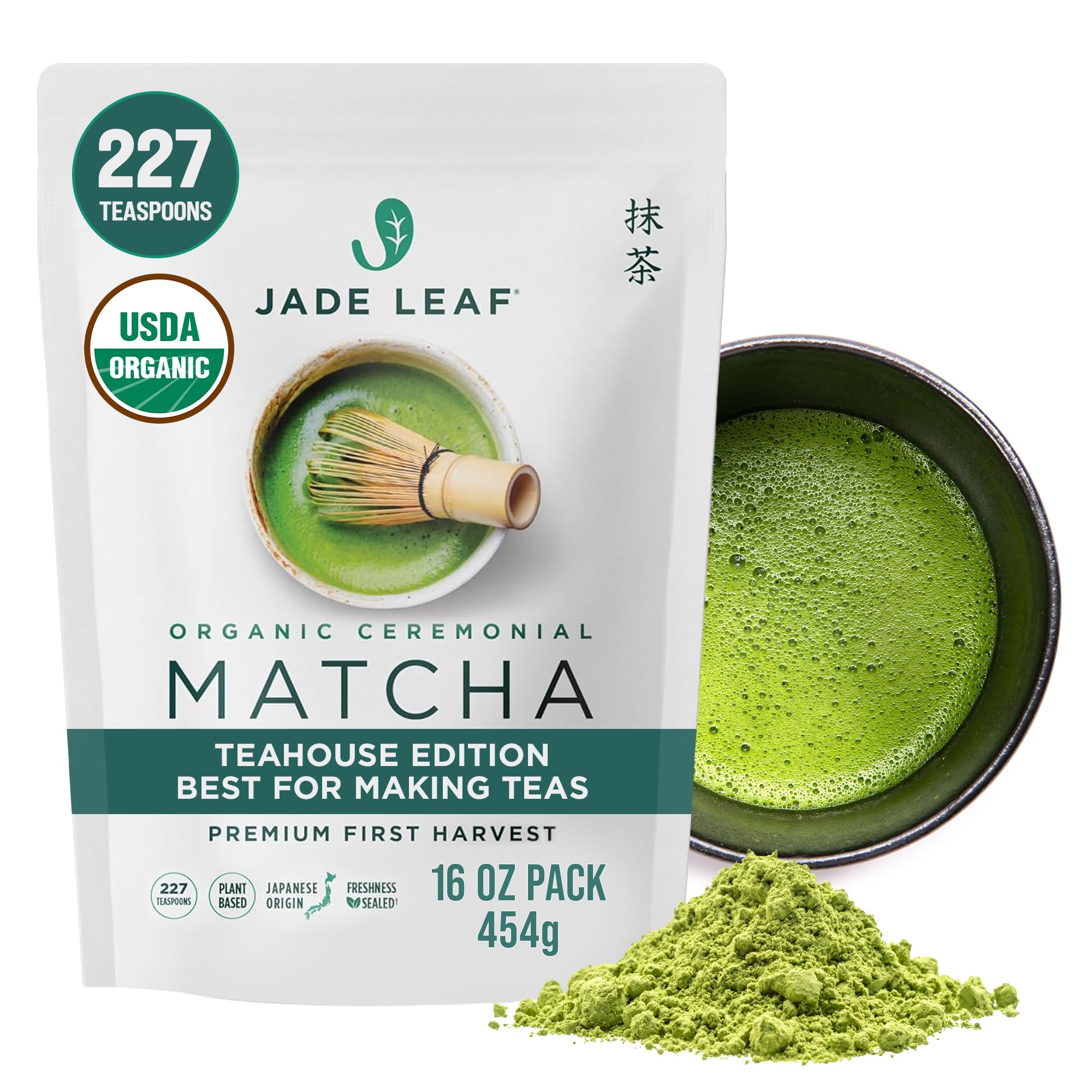 Jade Leaf Matcha Organic Ceremonial Grade Matcha Green Tea Powder - 100% Pure Japanese First Harvent Green Tea for Ceremonies, Usucha, Lattes 454g / 16 Ounce Bulk Pouch (Pack of 1)