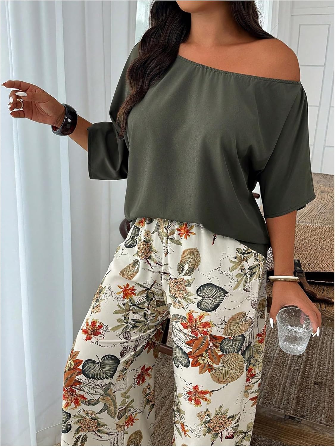 SOLY HUX Women's Plus Size 2 Piece Vacation Outfits Off The Shoulder 3/4 Sleeve Top and Boho Print Pants Set - Image 3