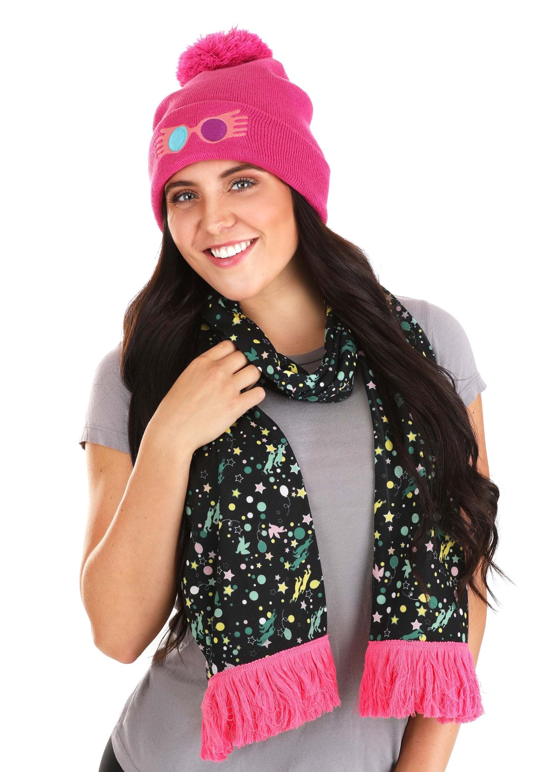 Harry Potter Black and Pink Luna Lovegood Knit Hat and Scarf Set, Officially Licensed Harry Potter Winter Hat and Scarf Standard