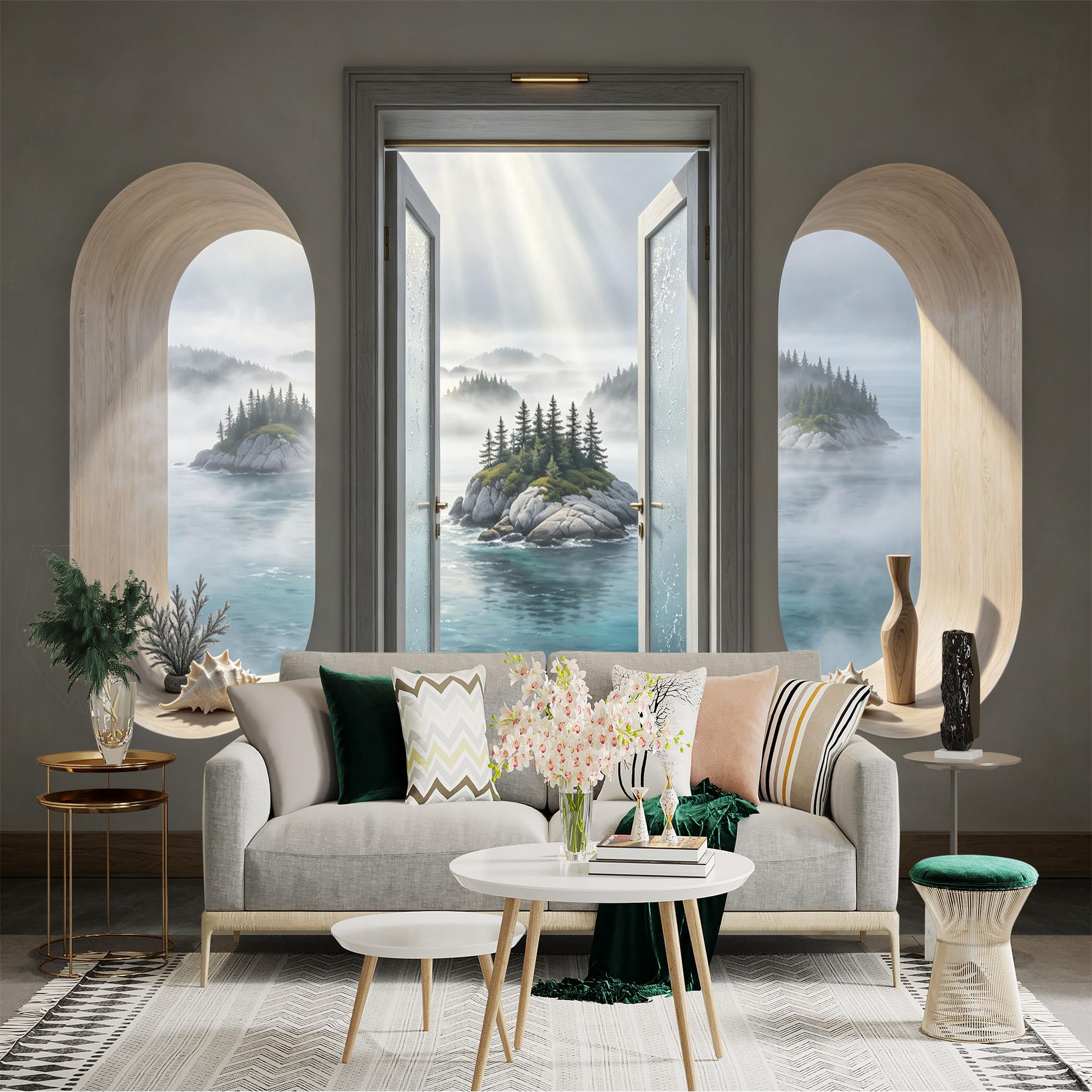 Custom Size Wall Sticker Mural， Coastal Island Ocean View with Misty Pines and Sunlight， for wall Decoration， peelandstick wall Decals.