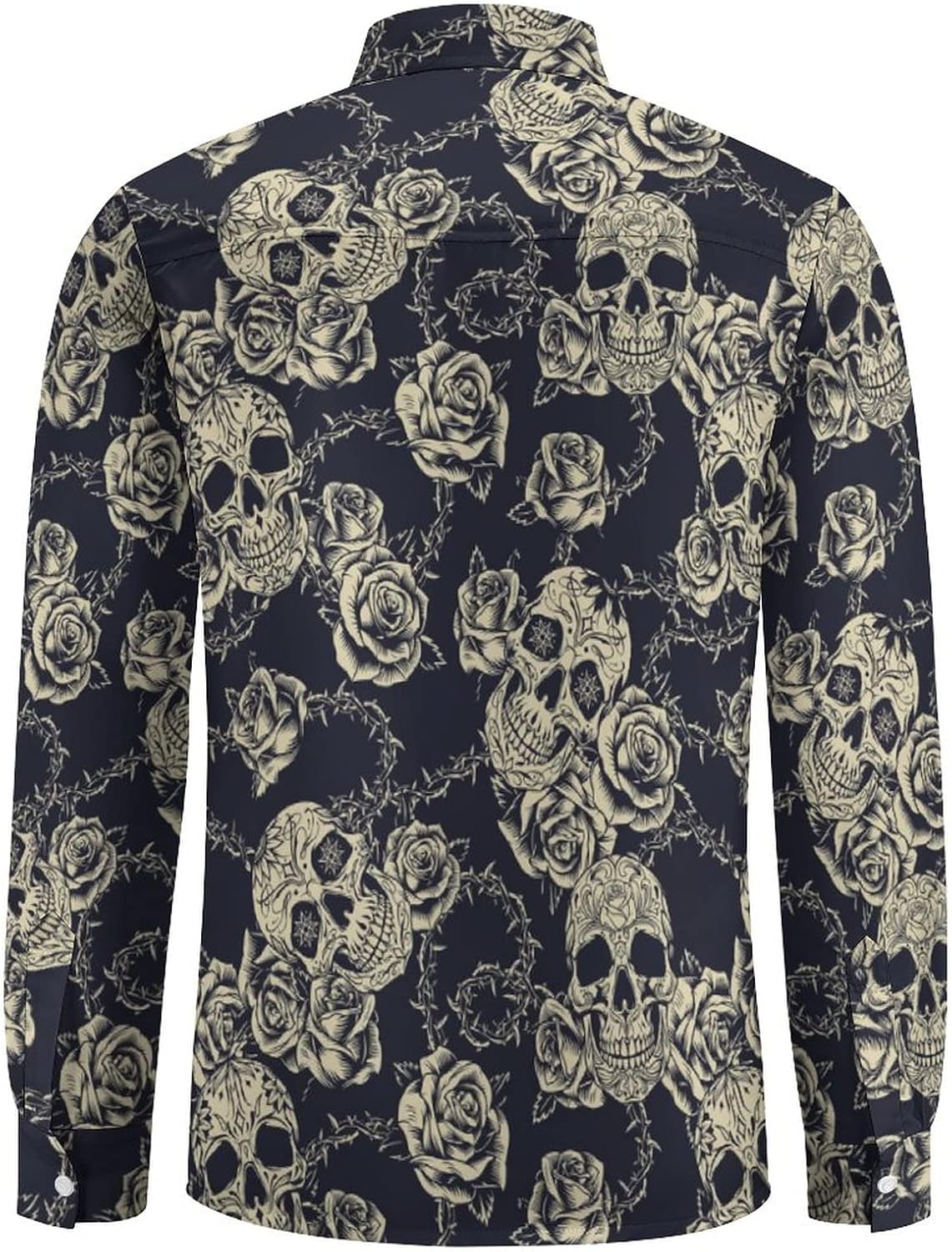 Vintage Skull Flower Mens Graphic Long Sleeve Button Down Shirt Stylish Dress Shirt - Image 4