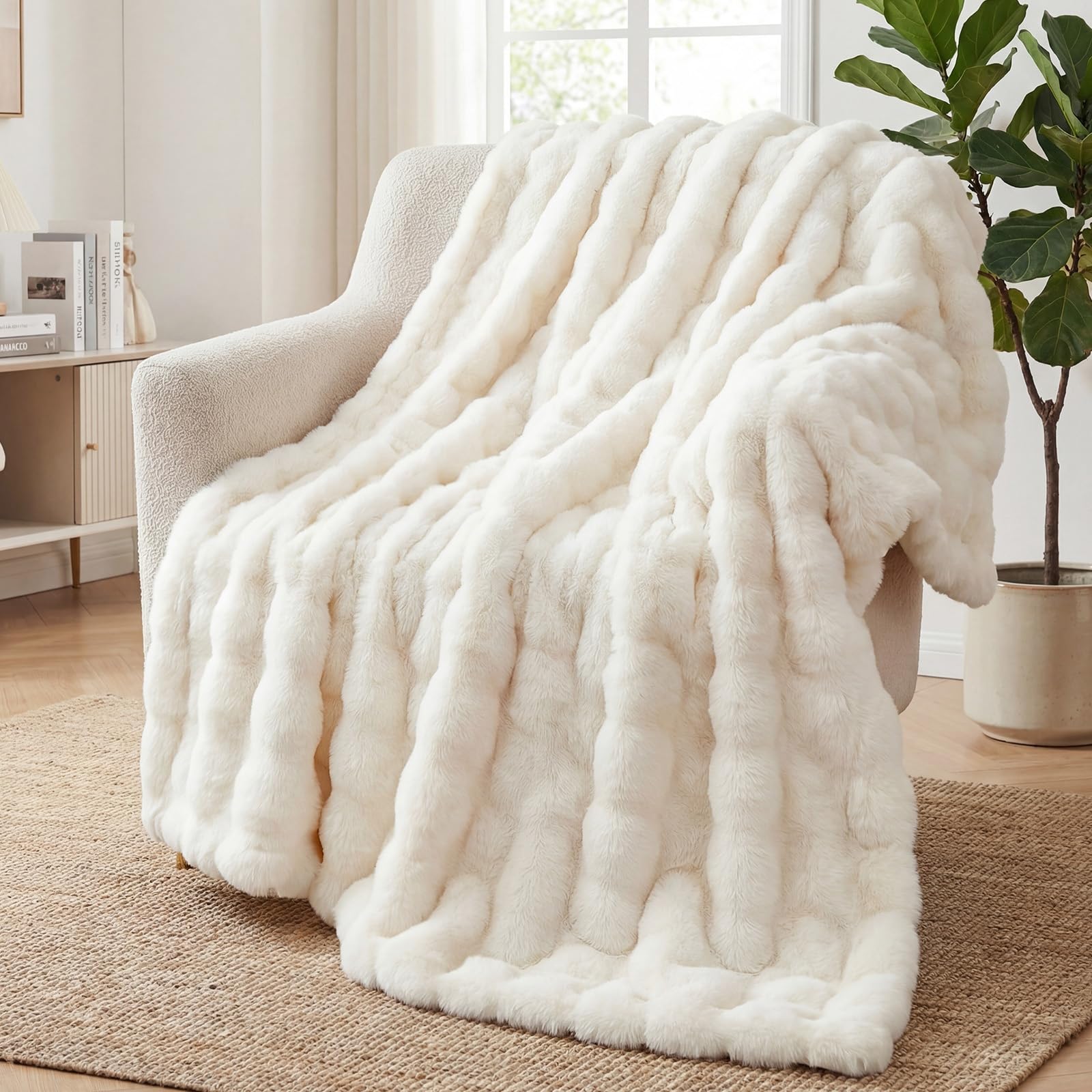 Kuscheldecke Kaninchen Plüsch Decke Super Soft Wohndecke Dick 1000 G/M² Flanell Decke Couchdecke Warme Überwurfdecke Sofadecke Vielseitig Blanket Für Bett Sofa Schlafzimmer Büro Weiß 130 x 160cm