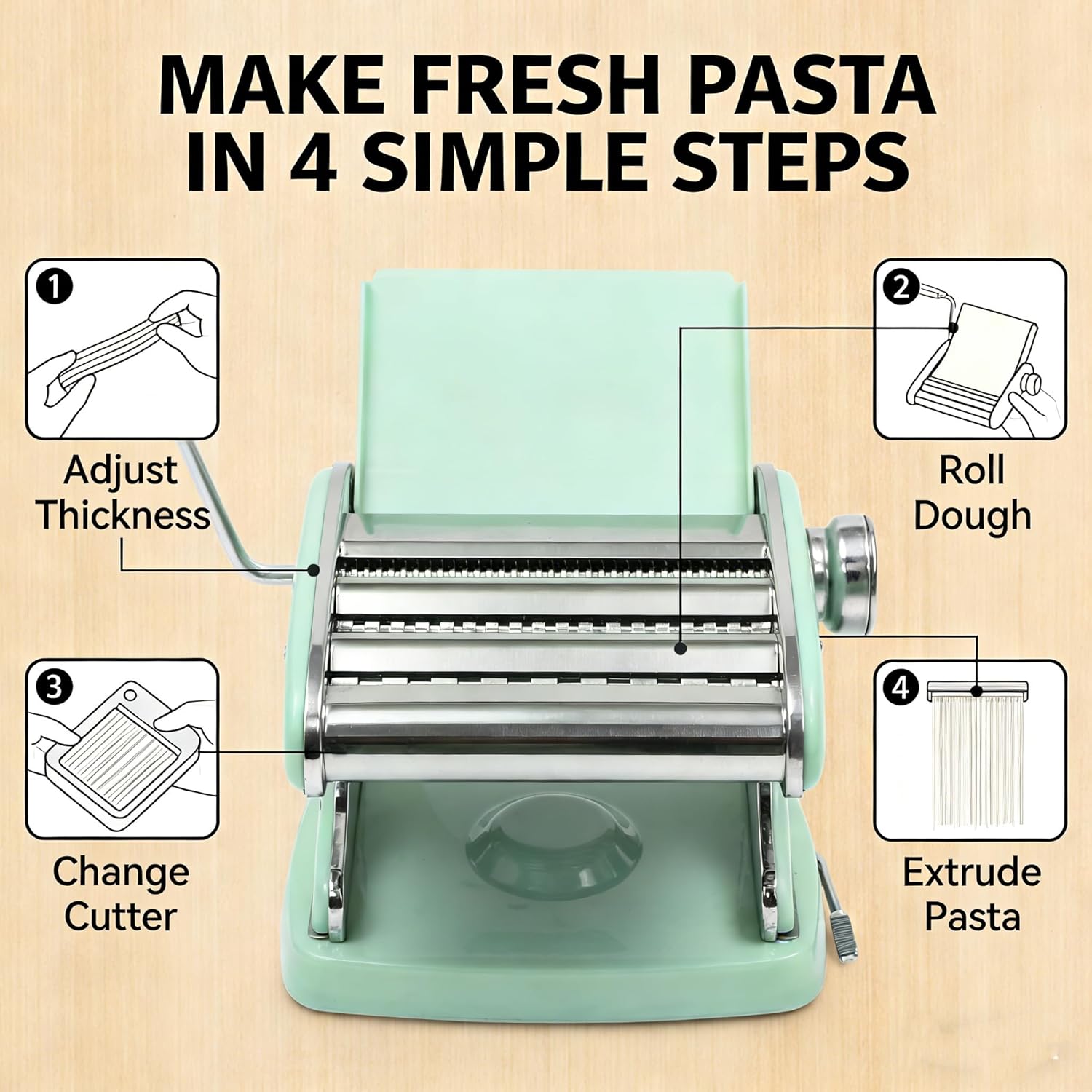 Manual Pasta Maker Machine Noodle Maker w/Rollers & Cutters - Spaghetti, Homemade Stainless Steel Manual Roller Pasta Maker, With 6 Adjustable Thickness Settings Sturdy Noodles Cutter (Green)