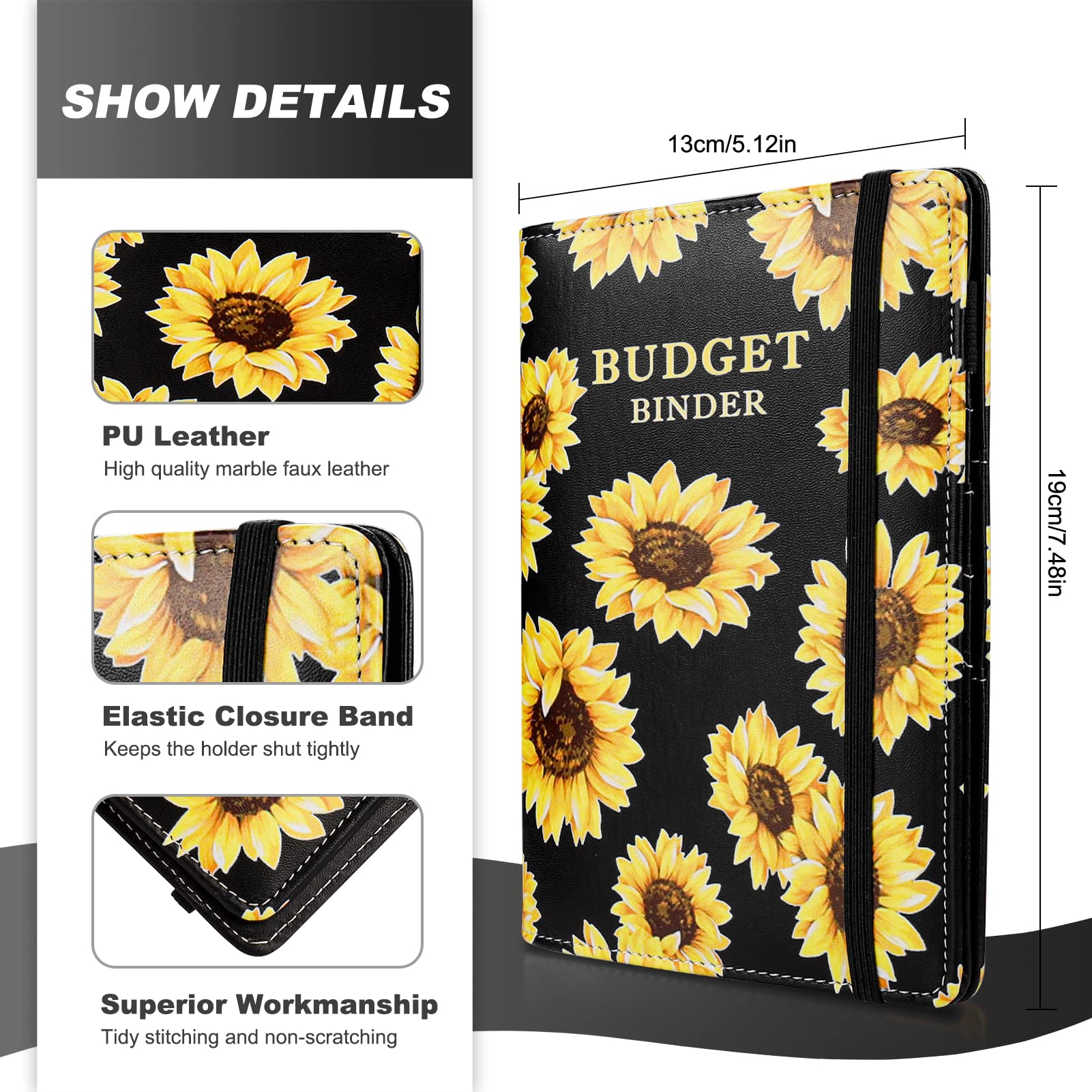 TAOPE Portadocumenti in Pelle PU A6 Binder Budget Set con 12 Sacchetti Trasparenti Cerniera, Nero Girasole