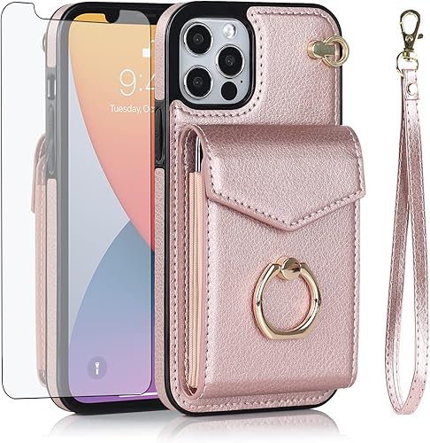 Asuwish Funda de teléfono para iPhone 12 Pro iPhone12 6.1 Funda tipo cartera con protector de pantalla de vidrio templado y anillo de bloqueo RFID,