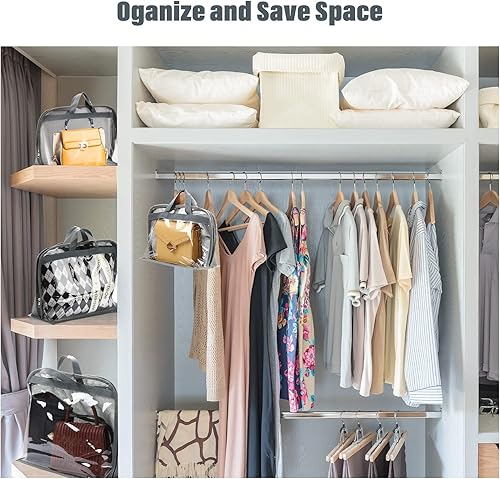 Miniatura 5 de 15 bolsas para el polvo para bolsos, organizador de almacenamiento de bolsos, 3 tamaños, organizador de bolsos transparentes para colgar bolsas con