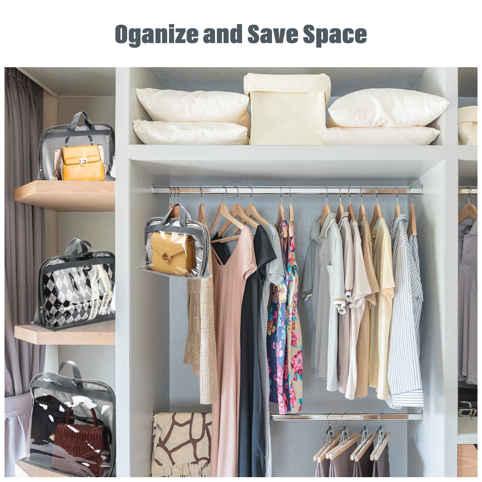 15 Pcs Dust Bags for Handbags Purse Storage Organizer 3 Size Clear Purse Organizer Hanging Handbag Storage with Zipper and Handles Closet Purse Bags for Storage Purse Covers for Dust, Gray, 5 Per Size