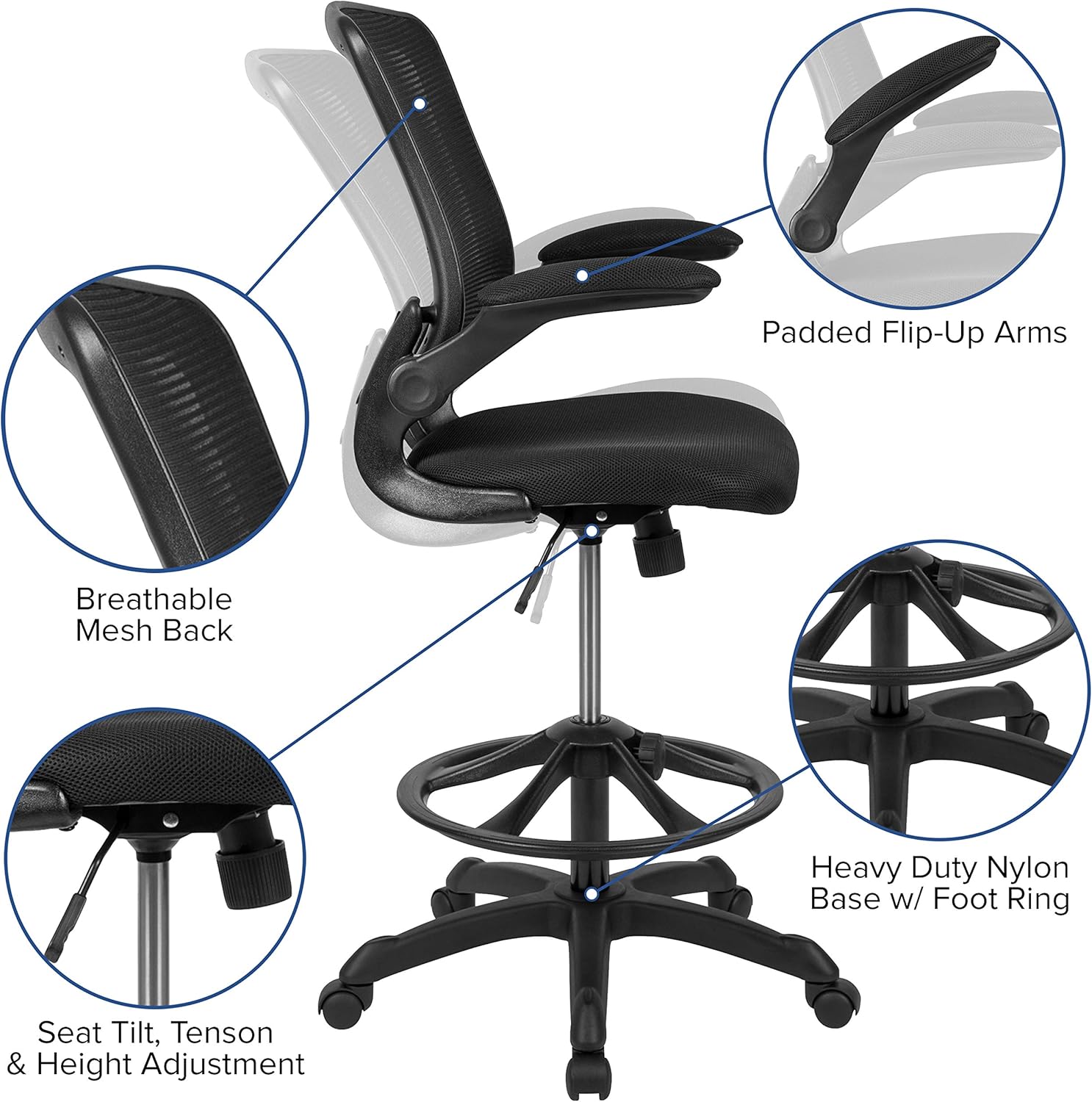 Flash Furniture Mid-Back Black Mesh Ergonomic Drafting Chair with Adjustable Foot Ring and Flip-Up Arms : Home & Kitchen