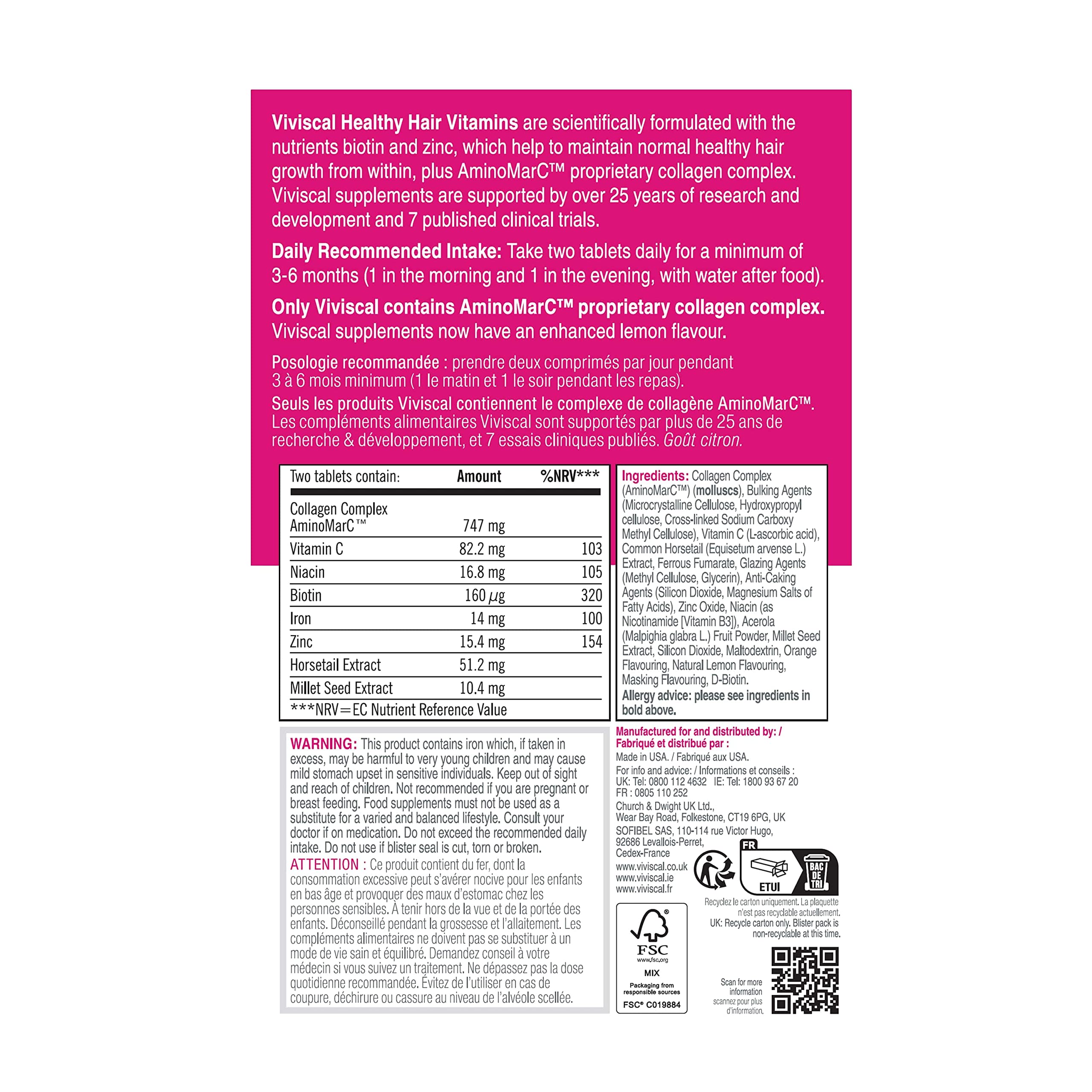 Viviscal - Compléments Alimentaires pour Cheveux, Favorise la Pousse & la Santé des Cheveux, 100% d'Ingrédients Naturels, avec Complexe de Protéines AminoMar C/Biotine/Zinc, 60 Gélules (1 Mois)
