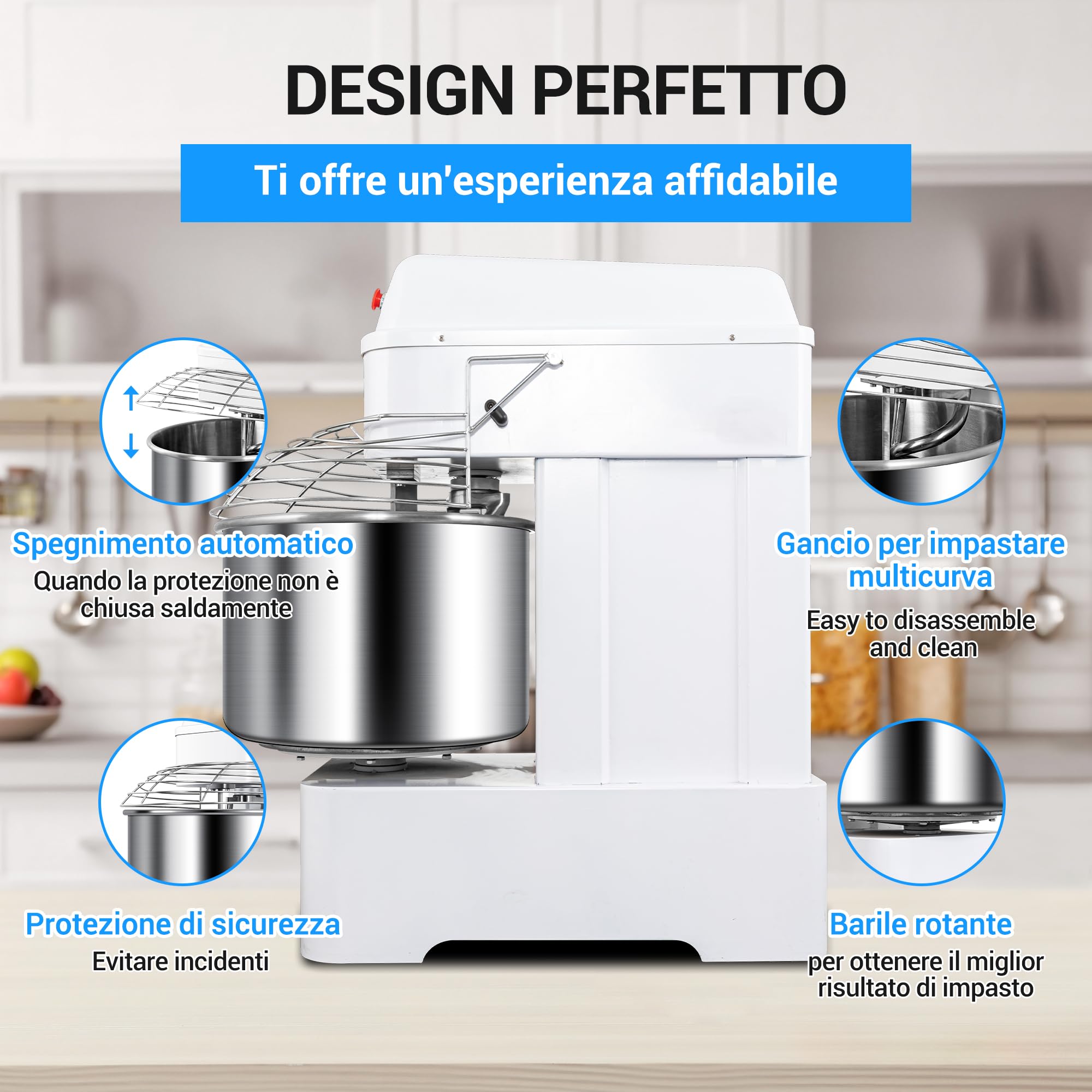 LEEVOT Impastatrice Planetaria, 4000W Planetaria Professionale, Ciotola in Acciaio 60L, 25KG Farina, 35KG Impasto, 2 Velocità Regolabili, Spegnimento Automatico, Alimentazione a 380V a tre fasi.