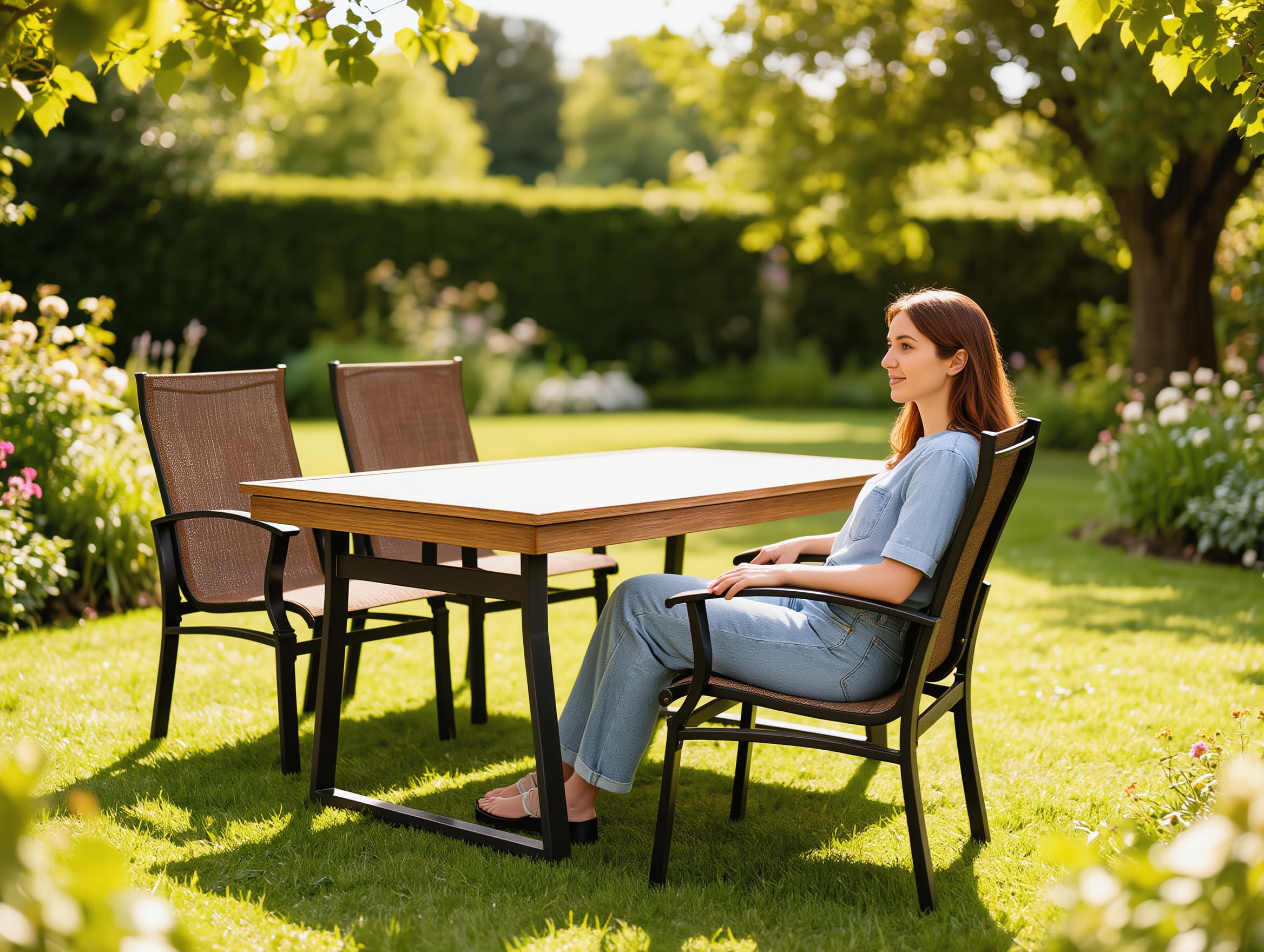 Set Pranzo da Giardino 5 Pezzi HAVANA – Tavolo Rettangolare 150x90 cm Vetro Temperato Effetto Legno + 4 Poltrone Textilene Traspirante con Braccioli Struttura Alluminio Antracite Arredo Giardino