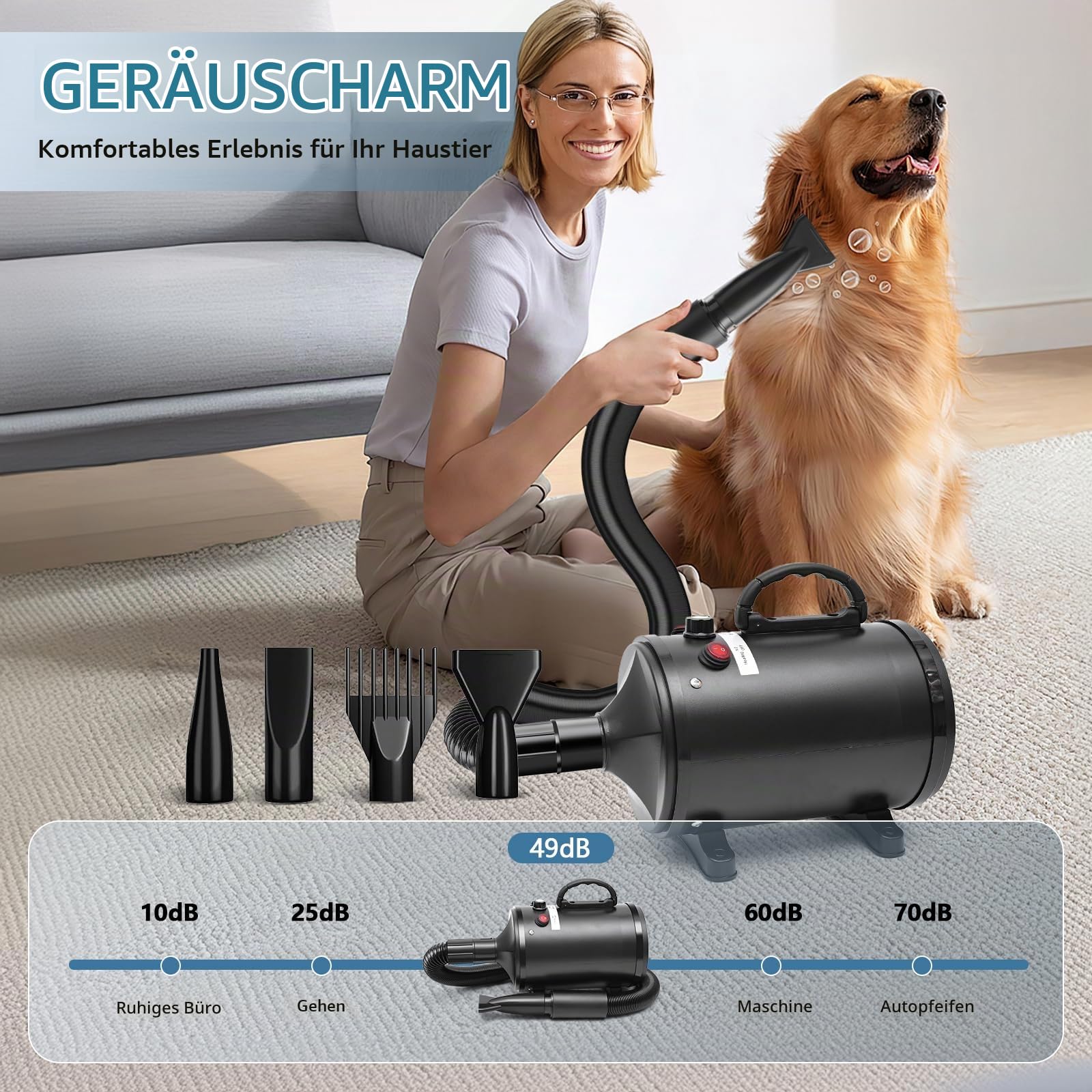 Hundefön Hundetrockner,2800W Hundehaartrockner, einstellbare Geschwindigkeit und Temperatur, geräuscharmer Hundetrockner Pet Grooming mit 4 Düsen für den privaten und professionellen Einsatz (Schwarz)