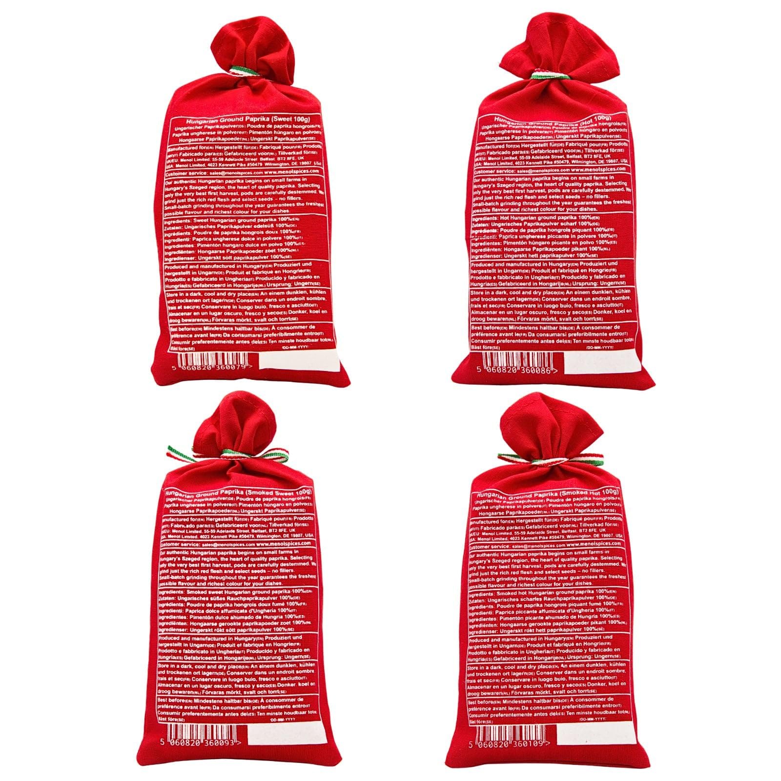 Menol Spices Coffret Paprika Hongrois 4 x 100g, Doux Fort et Fumé | Quatre sachets en tissu cousus main de paprika de Szeged : doux, fort, fumé doux et fumé fort, un cadeau de Hongrie