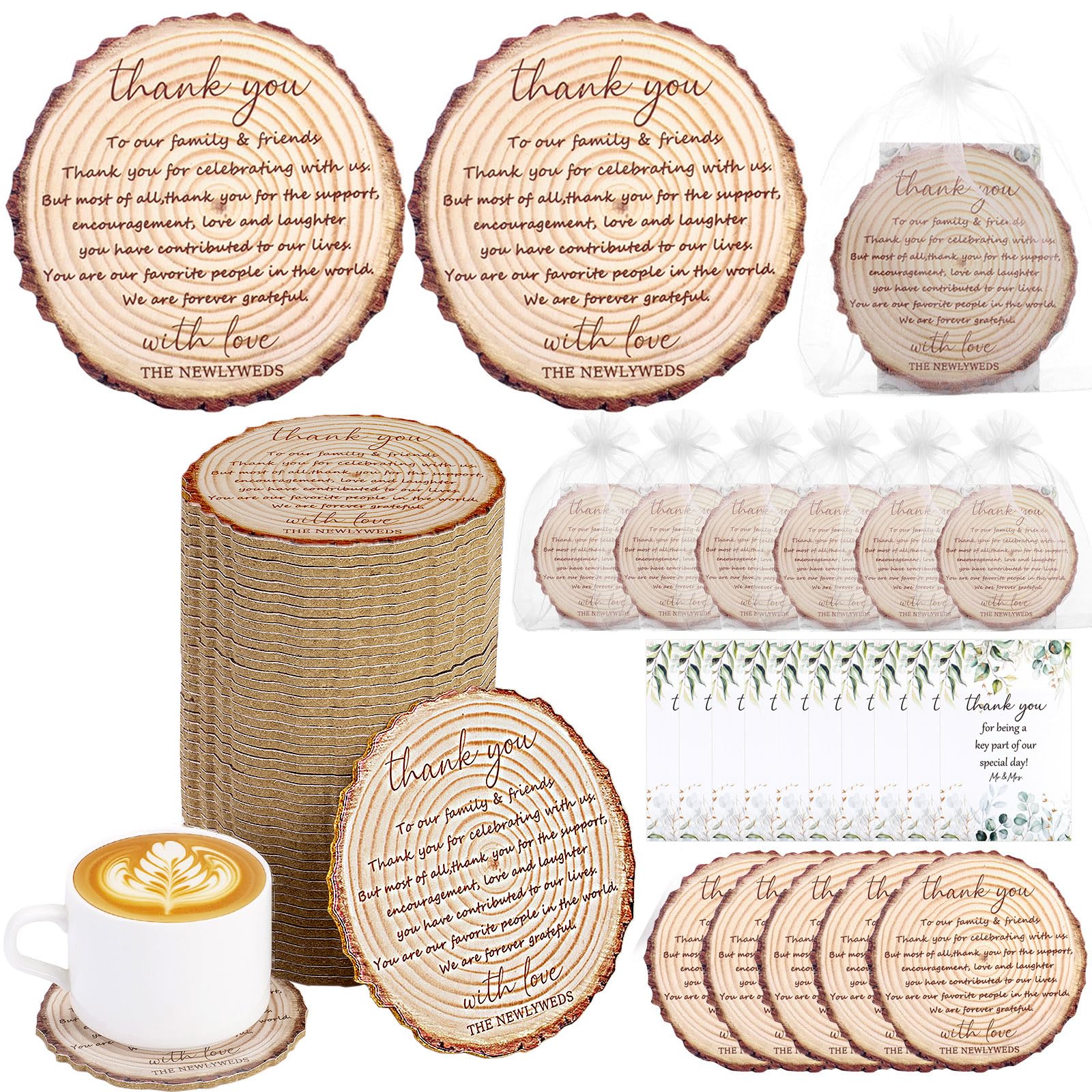 Photo 1 of 100 Sets Wedding Favors for Guests Cork Coasters Bulk Thank You Cards Organza Bags Wood Coaster Rustic Wedding Gift Bridal Shower Party Favors