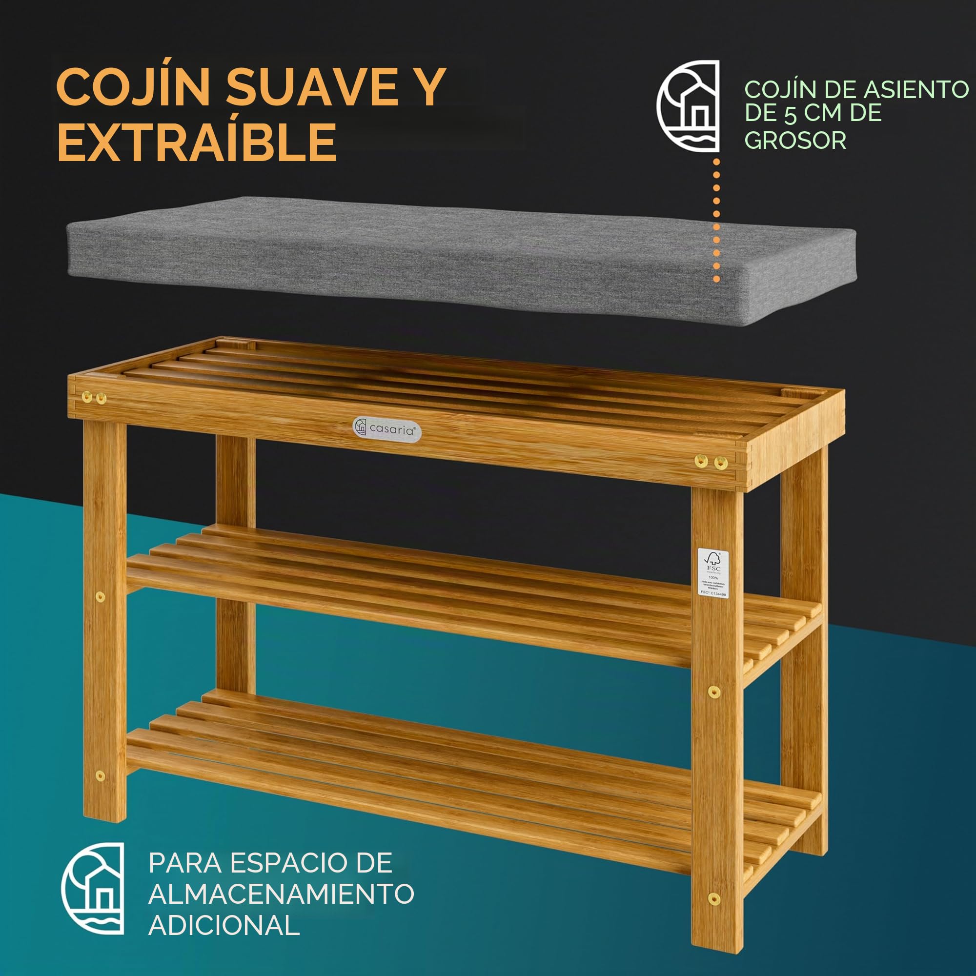 CASARIA® Banco Zapatero Estantería Zapatos Asiento con Cojín 5cm Certificado FSC® Pasillo Entrada Dormitorio
