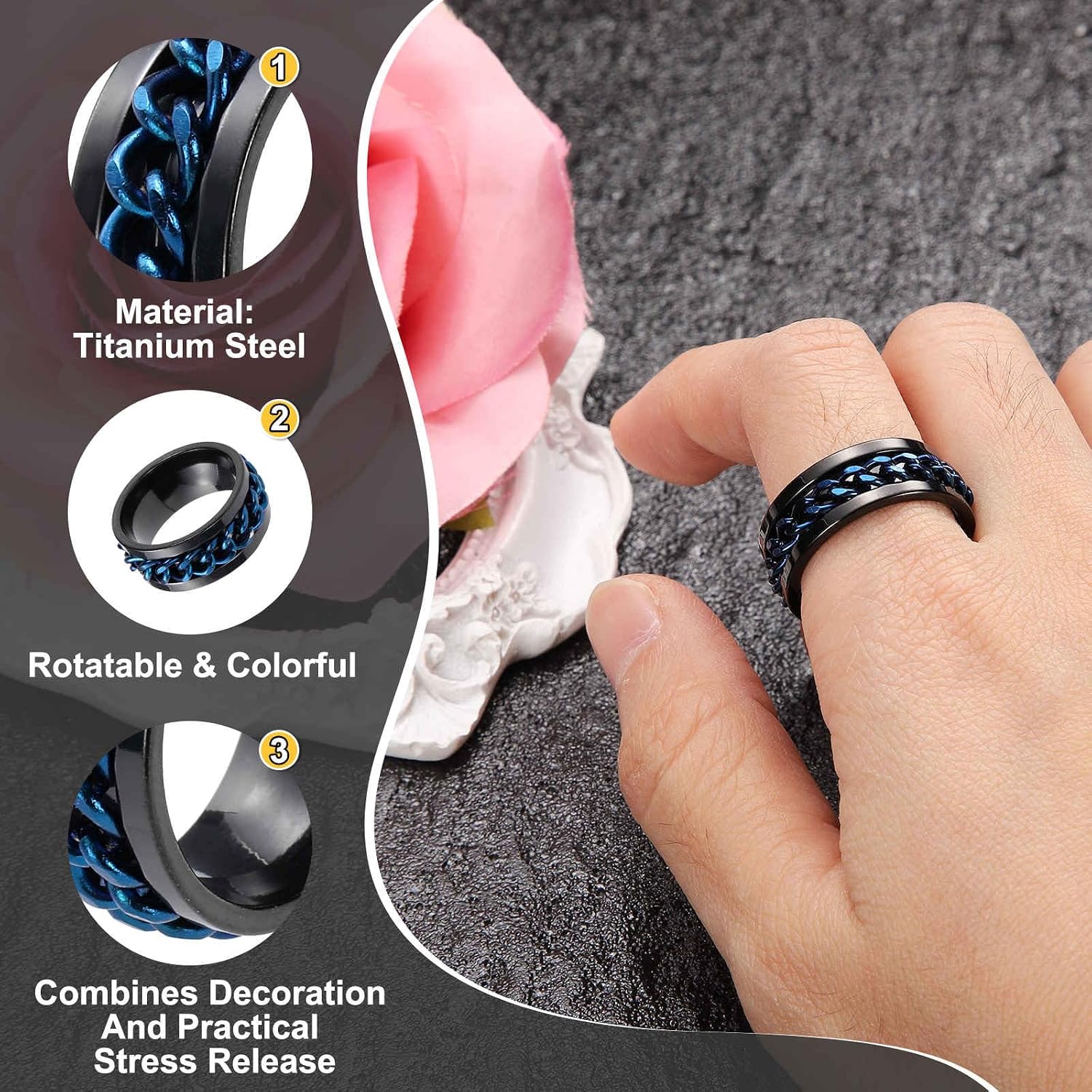 Adults Fidget Ring 0.6" (15mm) Dia. Titanium Steel Chain Rotatable Rings, Metal Anxiety Release Band Rings Perfect for Men & Women (Black Blue) image 3