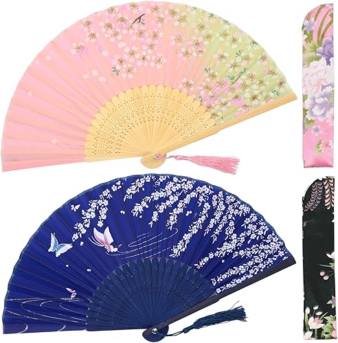 Miniatura 12 de OMyTea Abanicos de mano plegables para mujer, abanicos chinos japoneses de seda de bambú vintage, para sofocos, EDM, festival de música, fiesta,