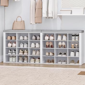 Hzuaneri Shoe Storage Bench with Cushion, Storage Bench with 24 Cubbies | 9.5" Widened Organizer Cabinet, large Cubby Shoe Rack for Living Room, Bedroom, Entryway, Mudroom, White SB32403GY