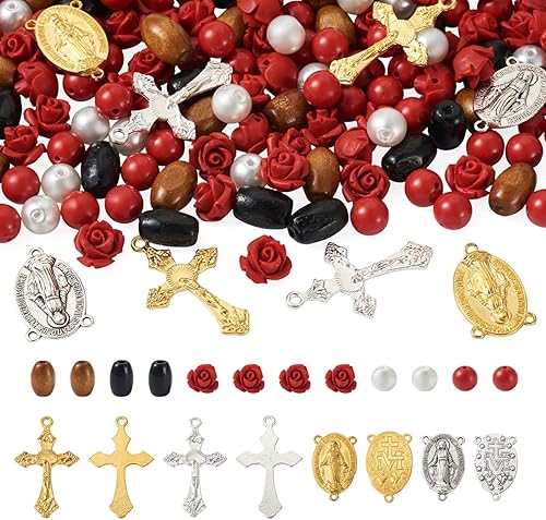 Mega Pet Juego de 180 piezas de rosario católico para hacer joyas, cuentas de cinabrio rosa 3D con cuentas de madera de barril, cuentas redondas de