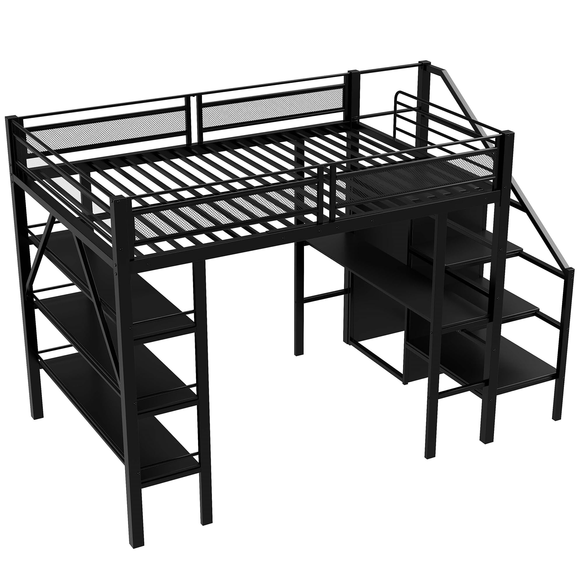 Dolamaní Letto a soppalco in metallo, 140 x 200 cm, per adulti e ragazzi, con mensola, scrivania, vestiti, scale, con vano portaoggetti, design a rete alta, per letto matrimoniale, colore: nero